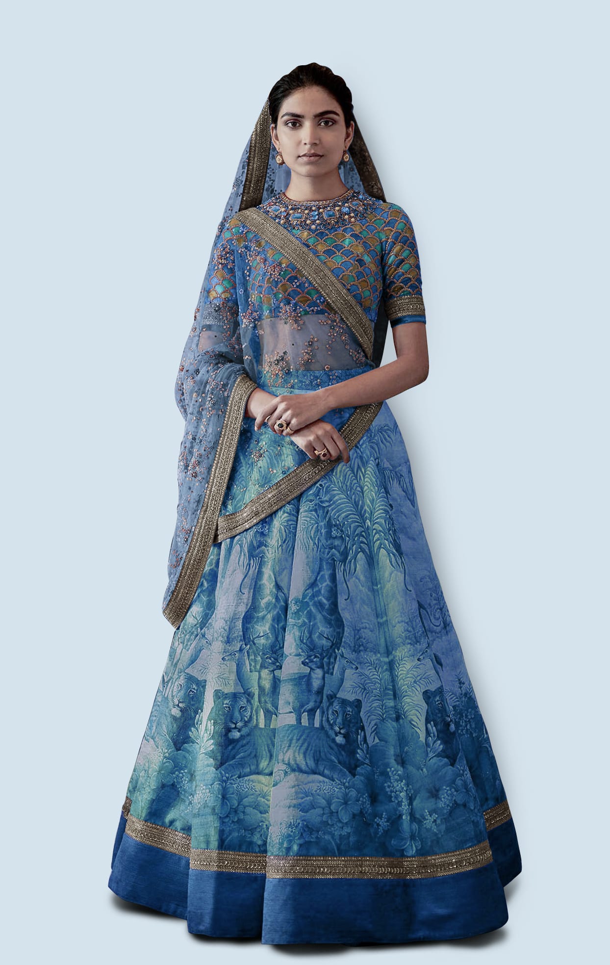 Elegant Blue Chennai Silk Lehenga Choli with Print, Stone, and Embroidery