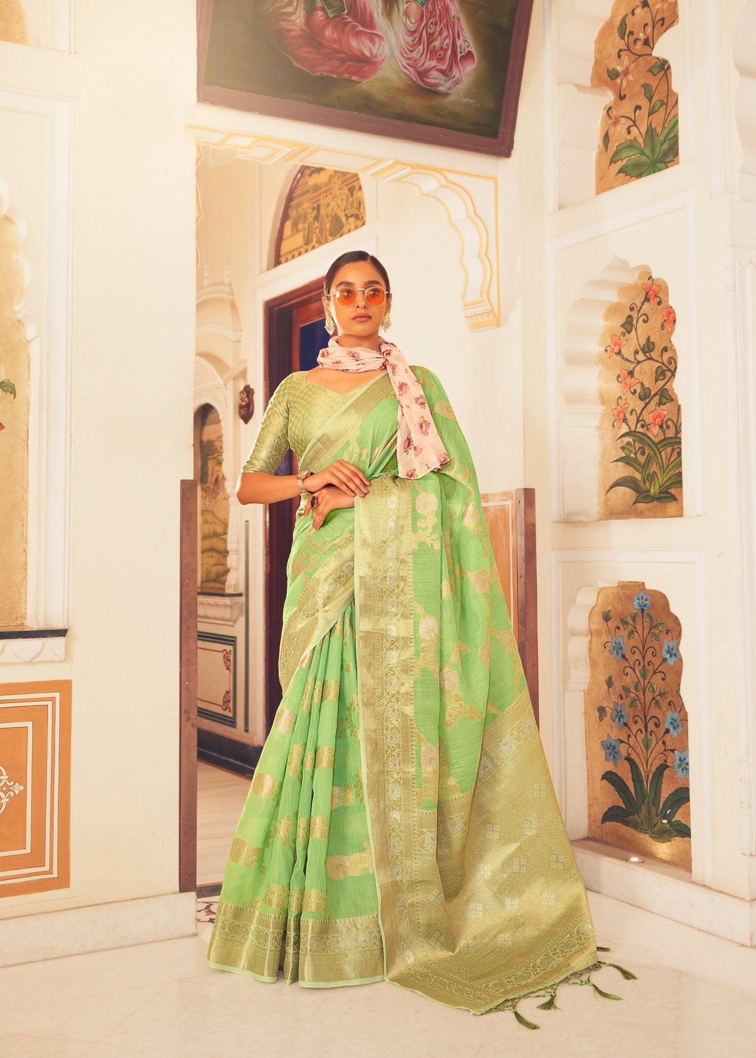 Enchanting Light Green Pure Linen Saree for Parties and Weddings