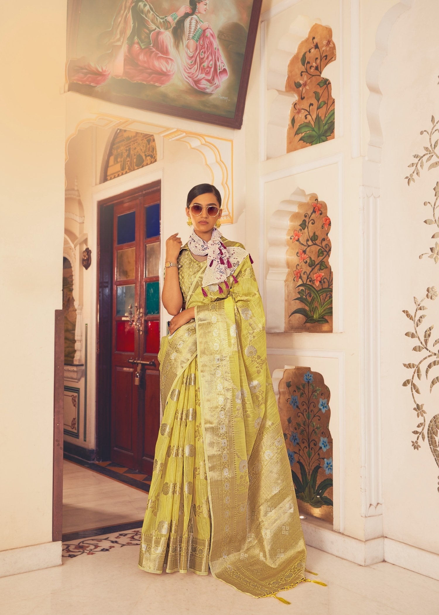 Radiant Yellow Pure Linen Saree: Perfect Party and Wedding Wear Elegance