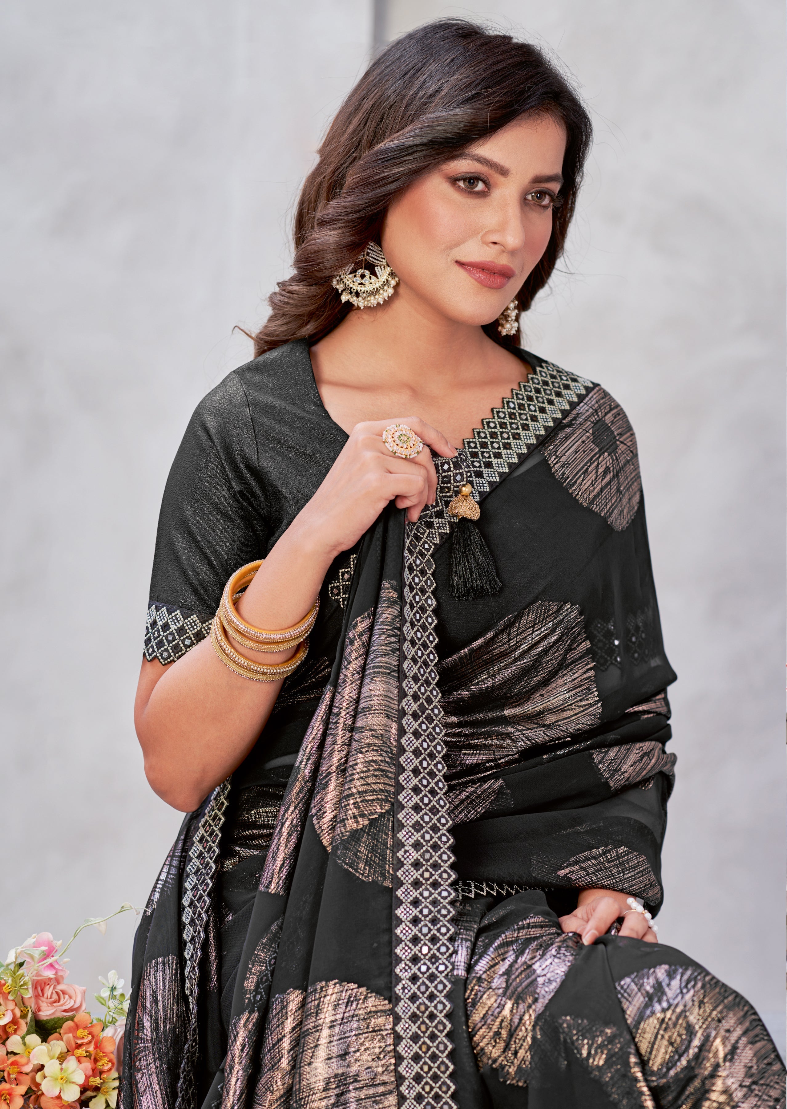 Elegant Black Embroidered Soft Silk Saree for Weddings and Parties