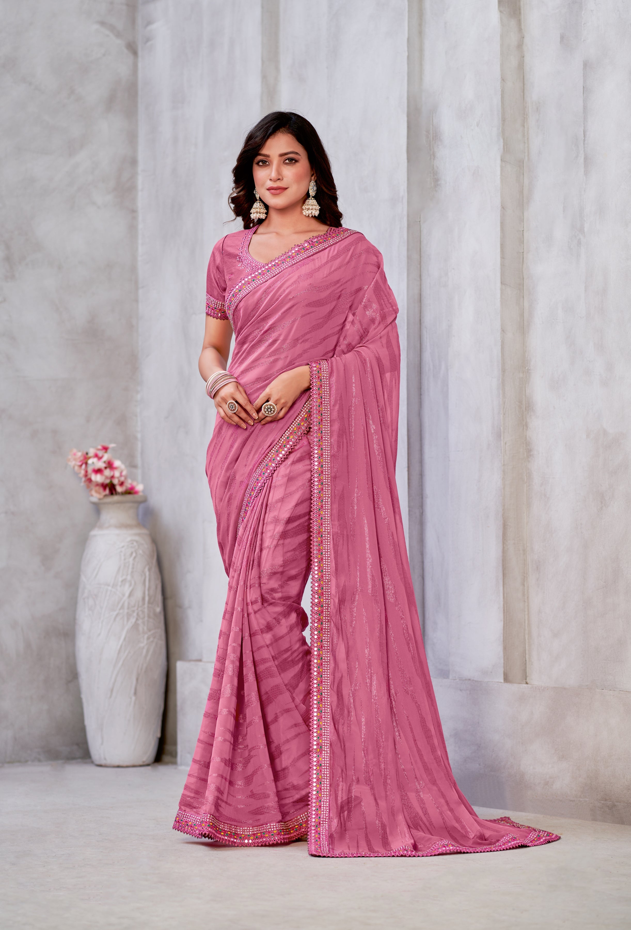 Elegant Light Pink Embroidered Soft Silk Saree: Perfect for Weddings and Parties