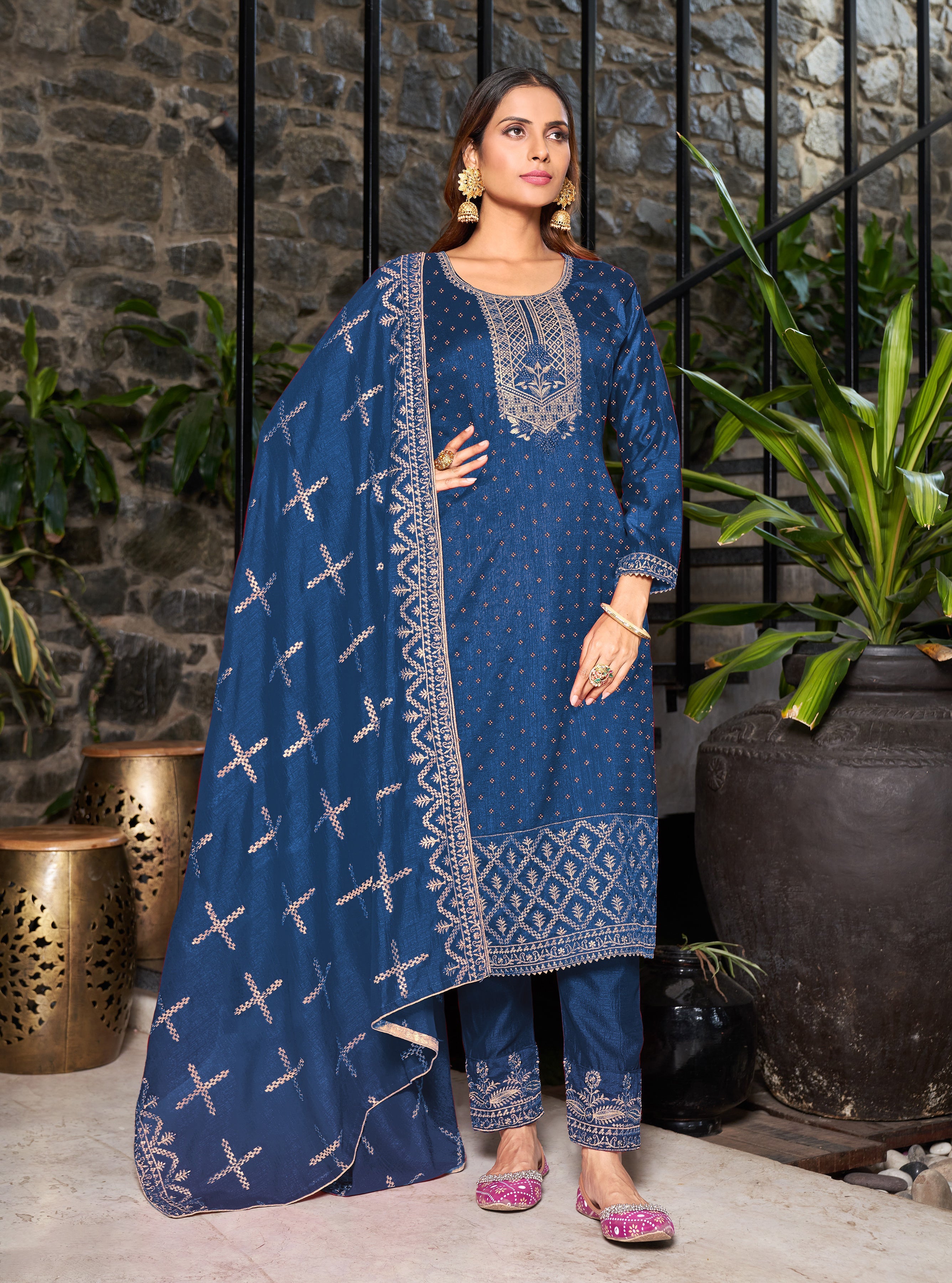 Blue Blooming Vichitra Salwar Suit with Diamond Embroidery: Perfect Party & Wedding Wear in Santoon Silk