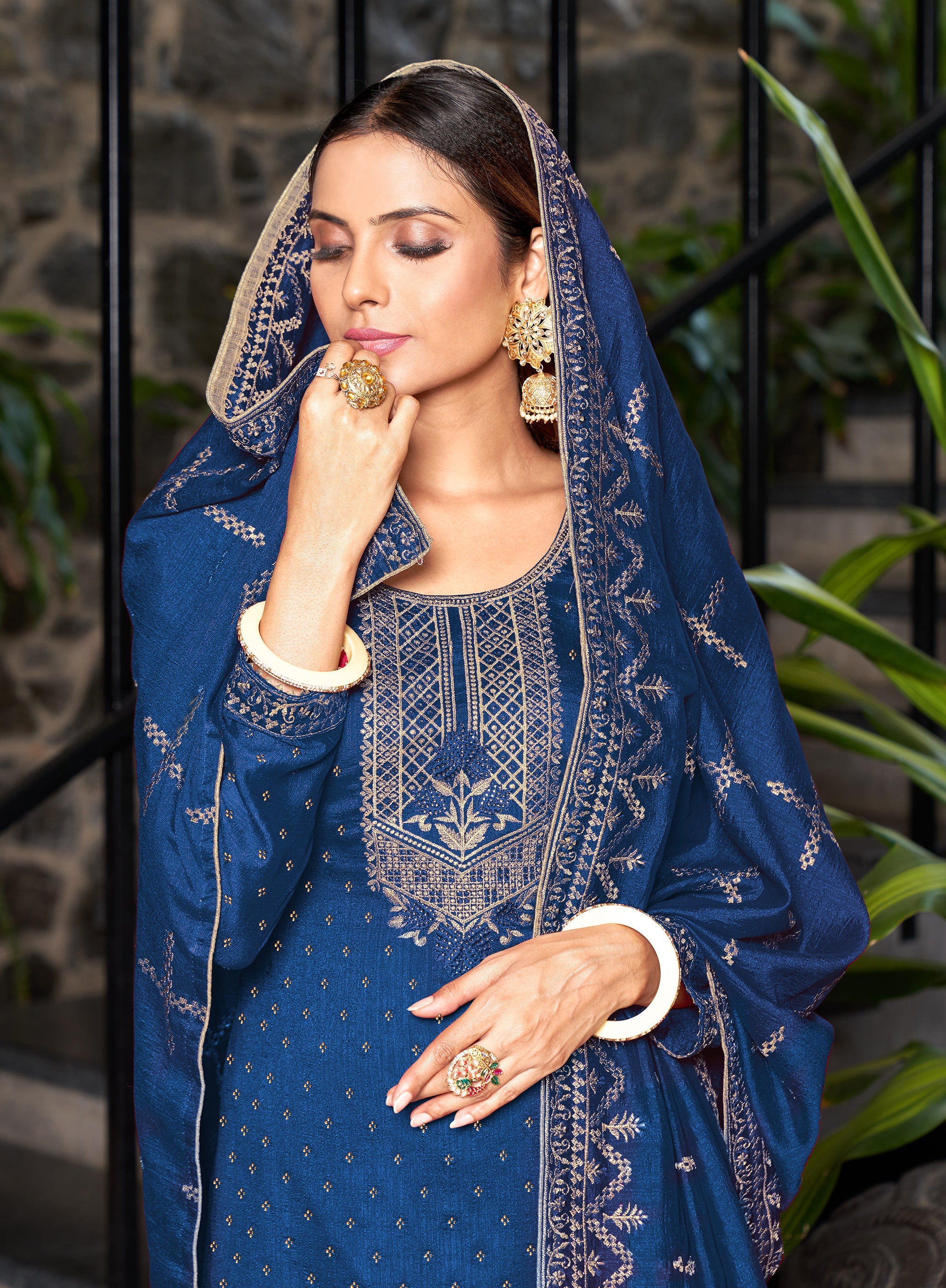 Blue Blooming Vichitra Salwar Suit with Diamond Embroidery: Perfect Party & Wedding Wear in Santoon Silk