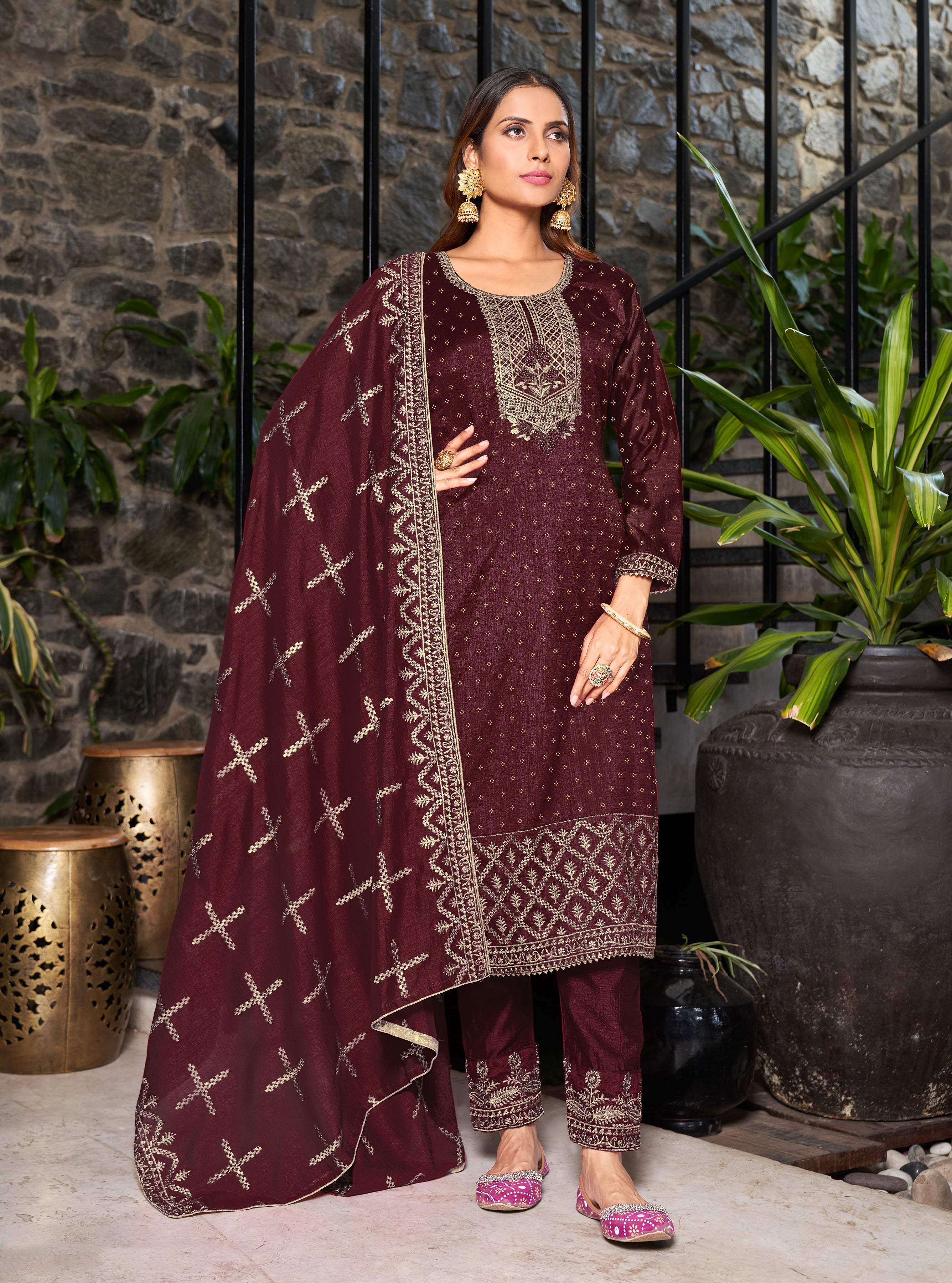 Elegant Brown Vichitra Salwar Suit with Diamond Embroidery