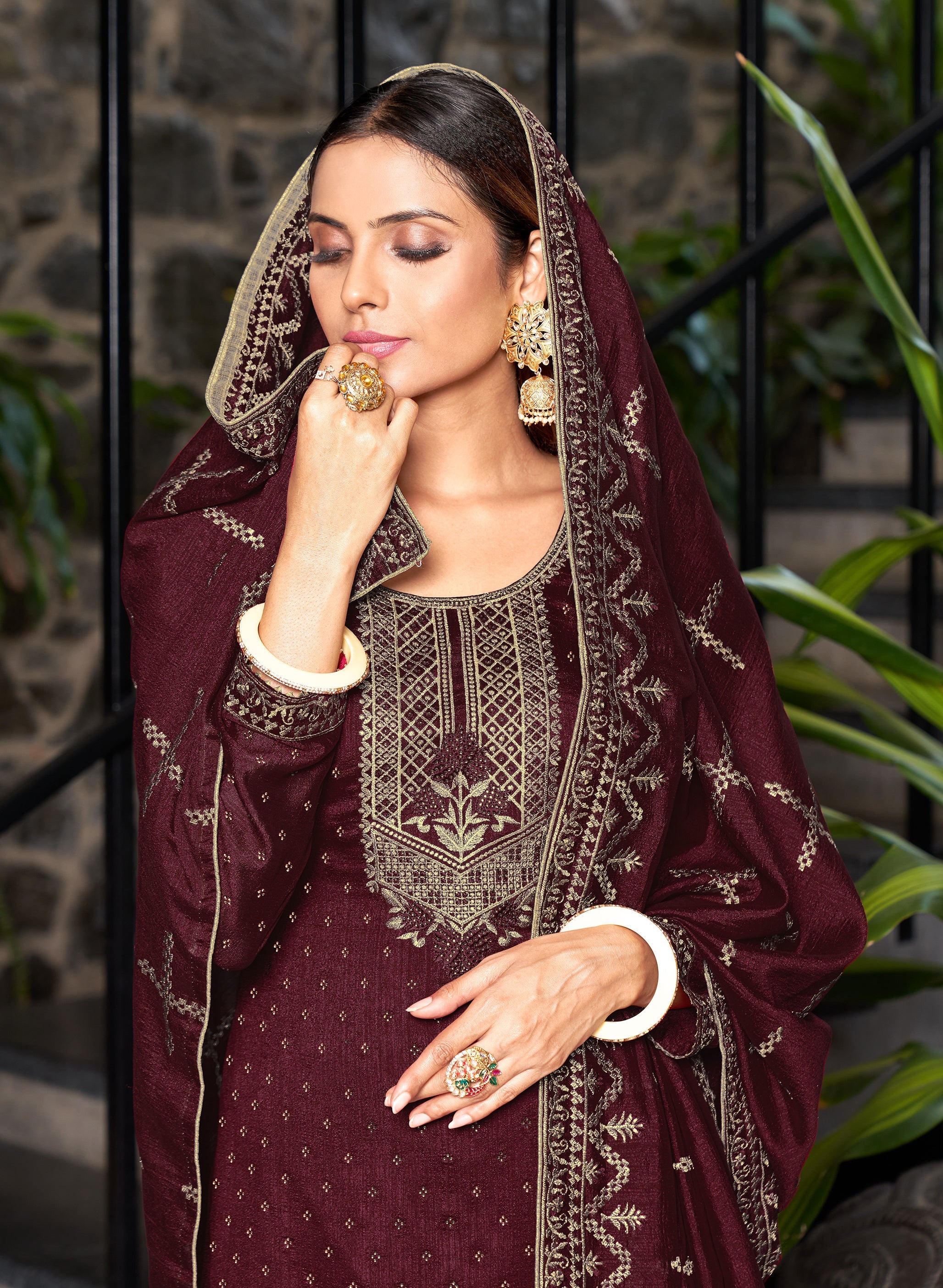 Elegant Brown Vichitra Salwar Suit with Diamond Embroidery