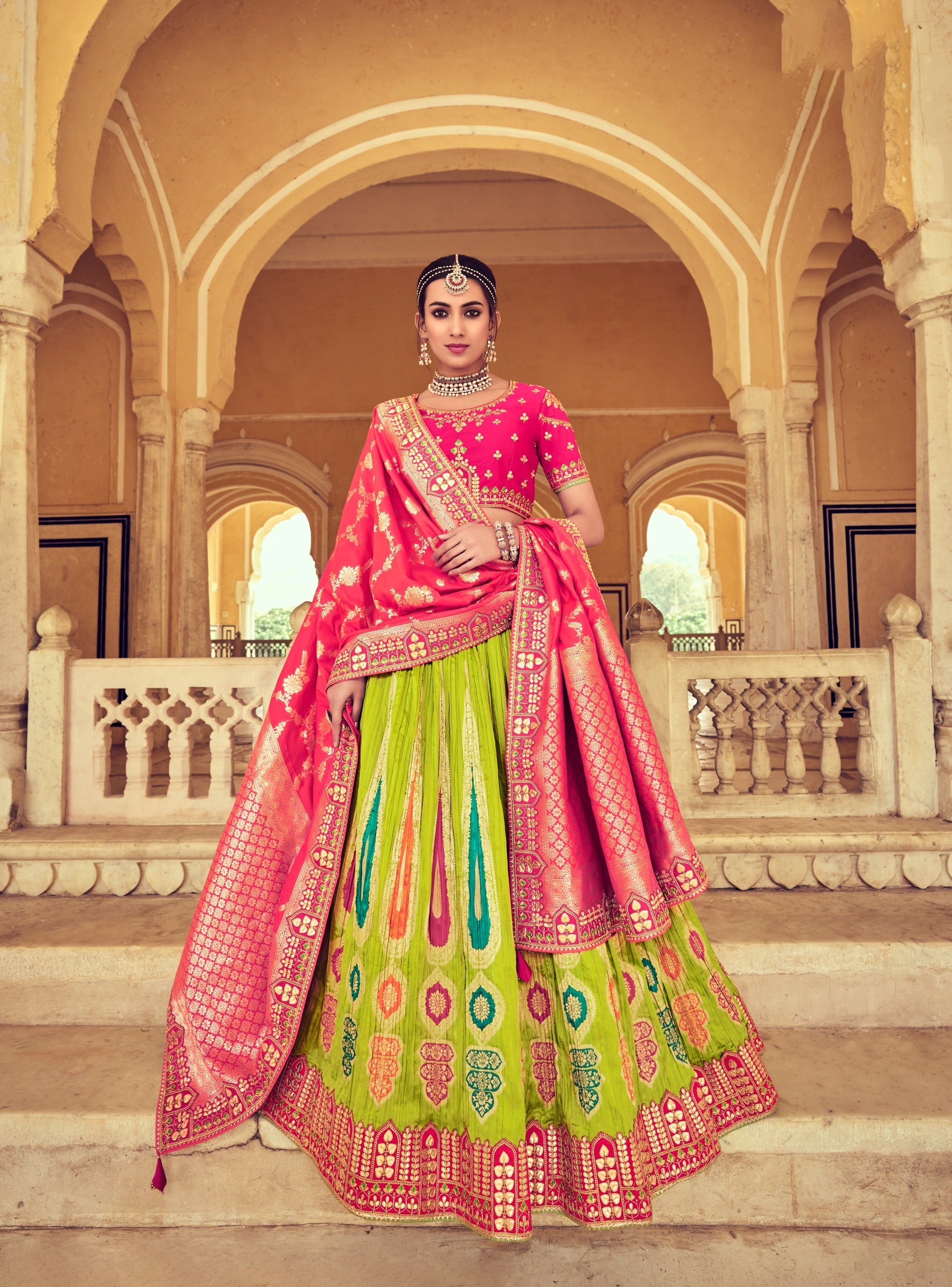 Parrot Green and Pink Lehenga Choli