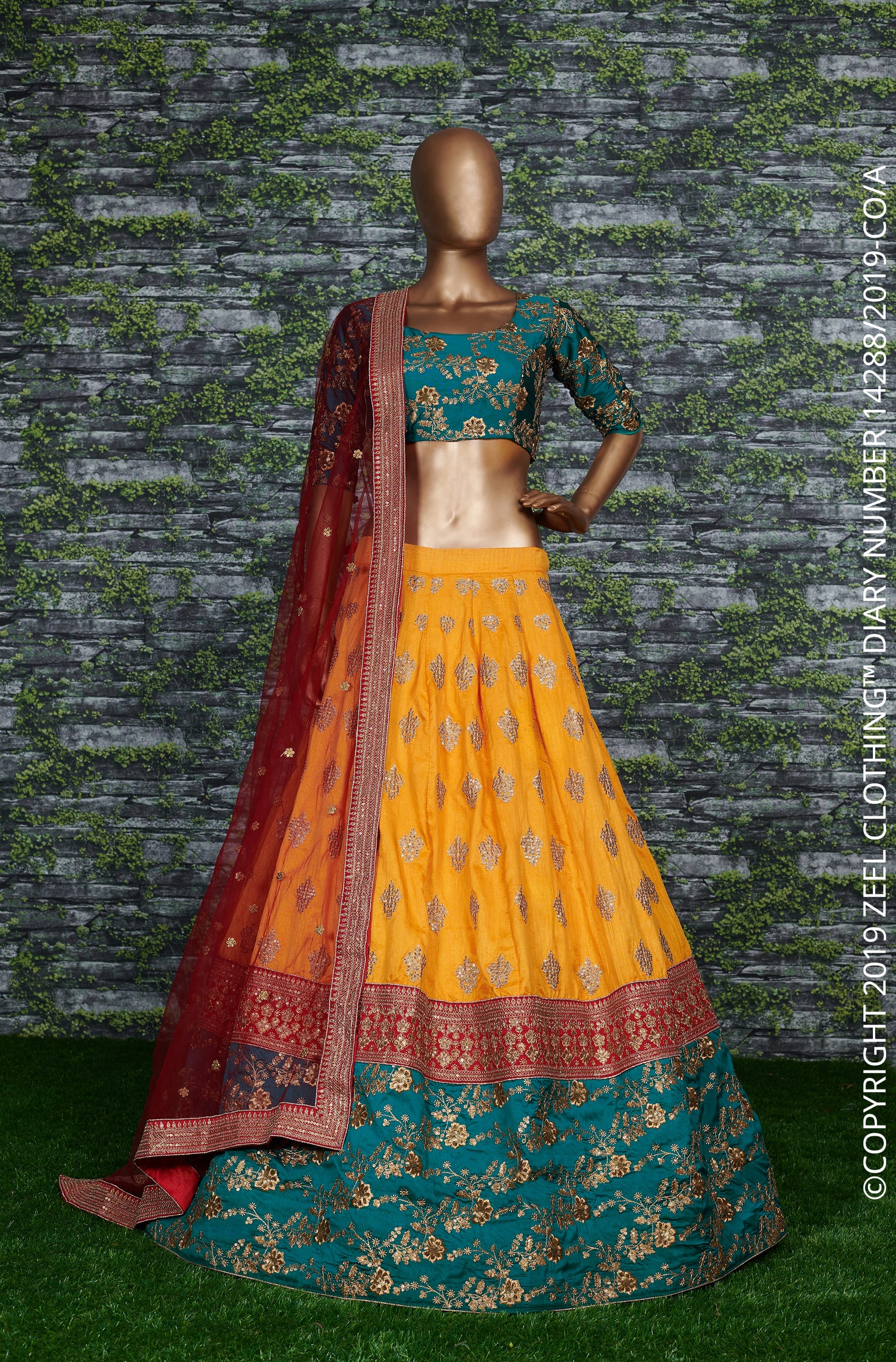 Vibrant Tri-Color Lehenga Choli with Embroidered Dori, Jari & Sequins