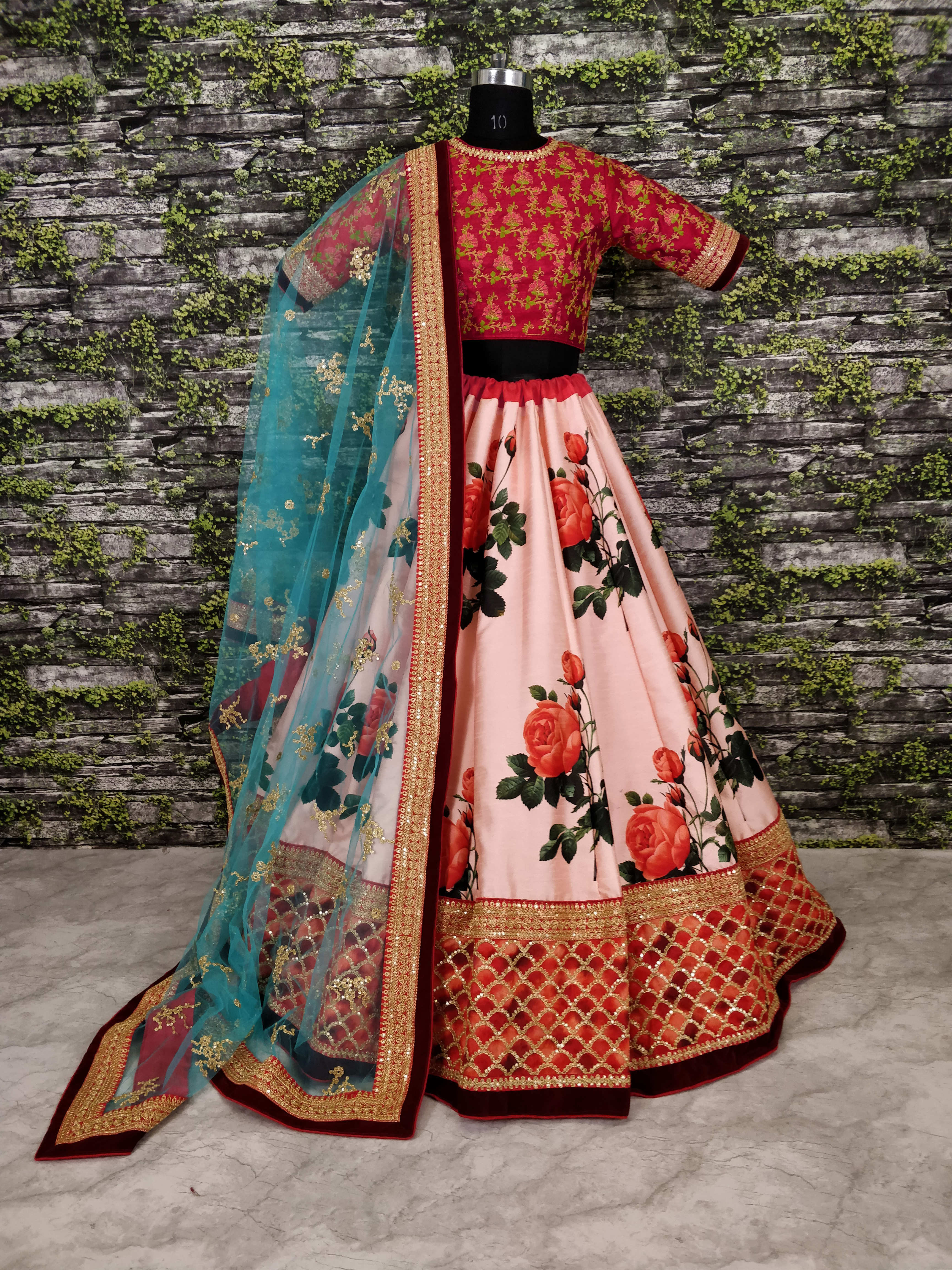 Enchanting Rose Lehenga Choli: Digital Print and Dori Sequin Embroidery