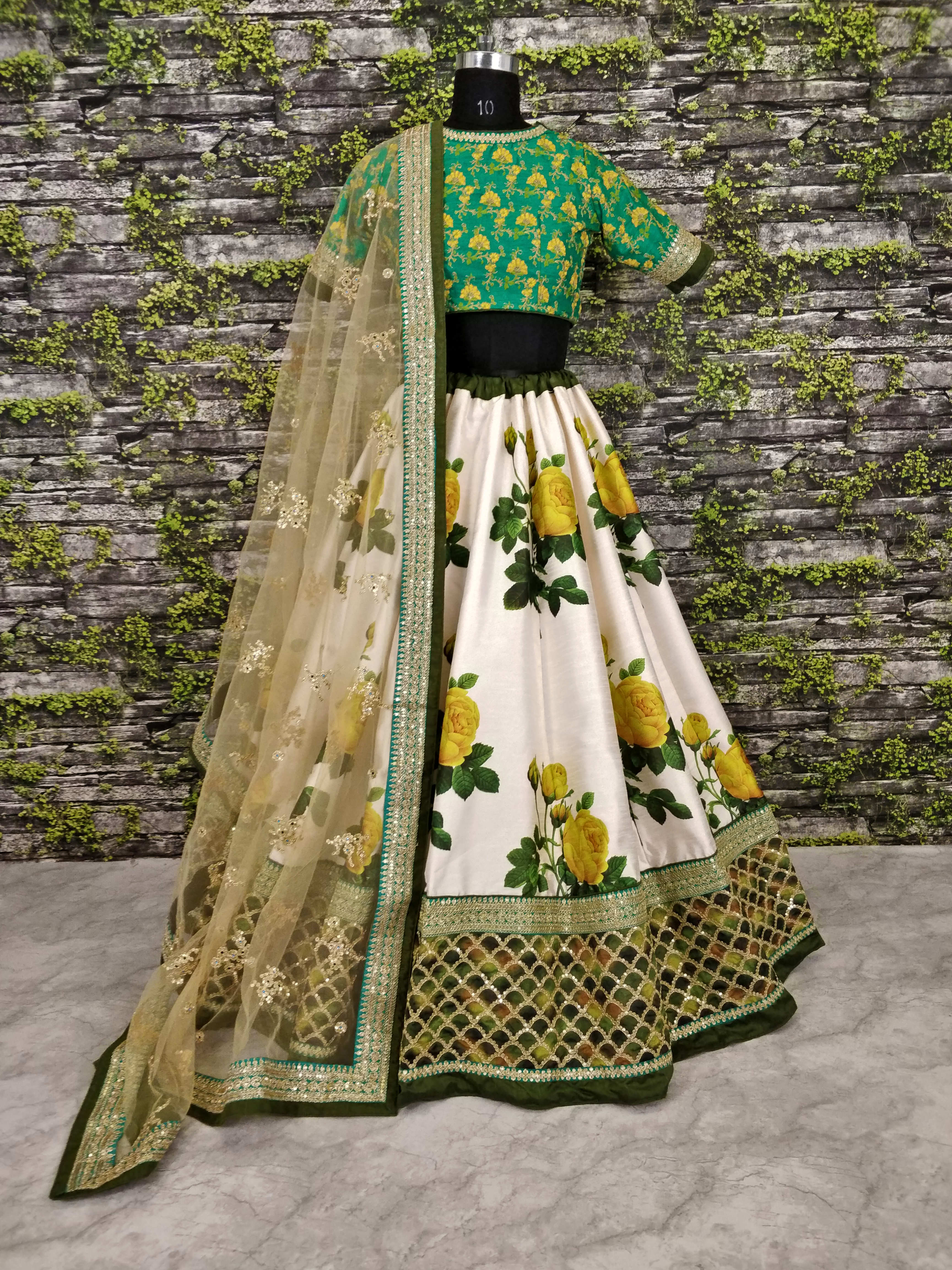 Whimsical White and Green Lehenga Choli: Digital Print and Embroidered Elegance