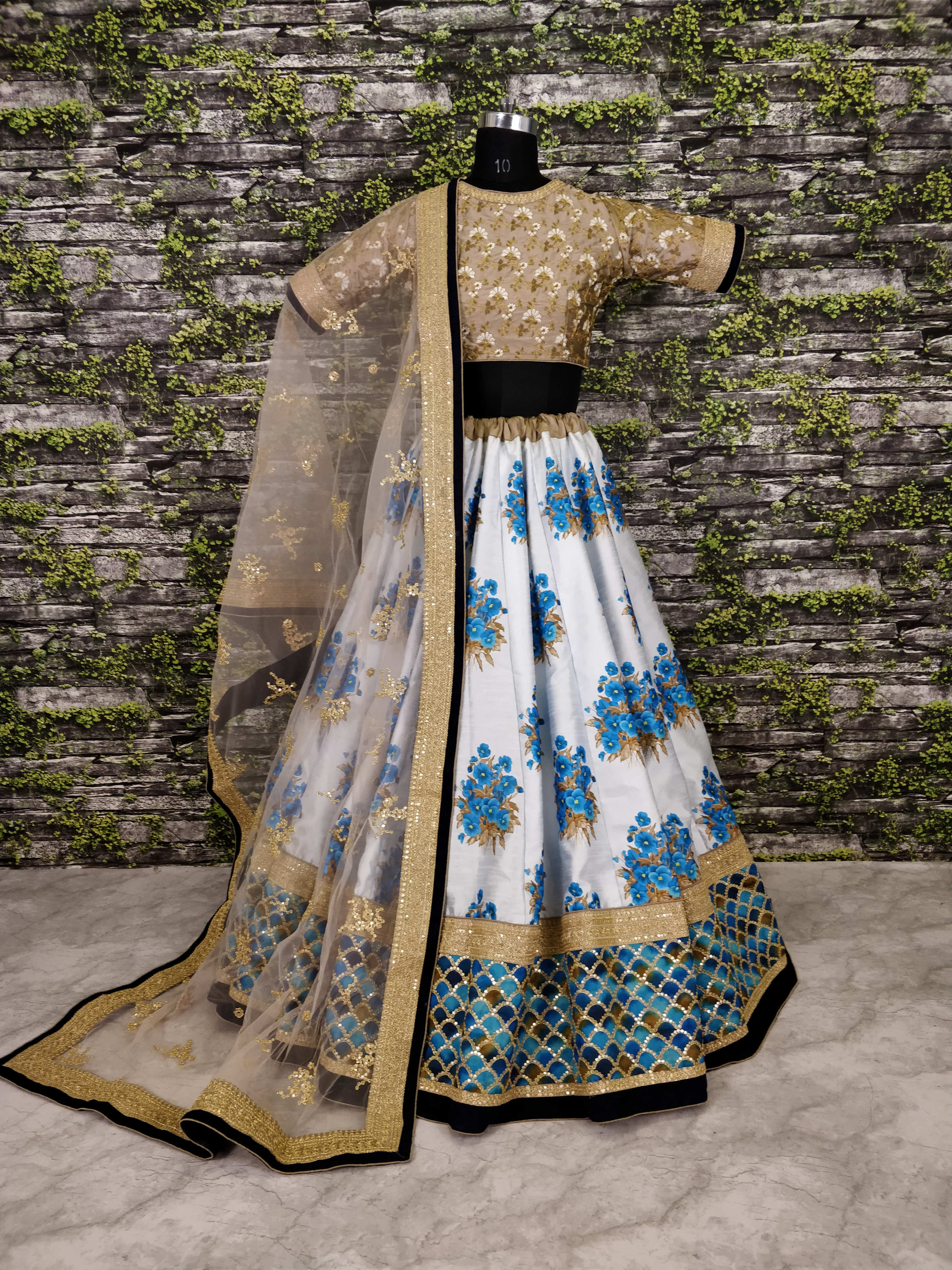 Elegant White Gold Lehenga Choli: Digital Print and Dori Sequin Embroidery