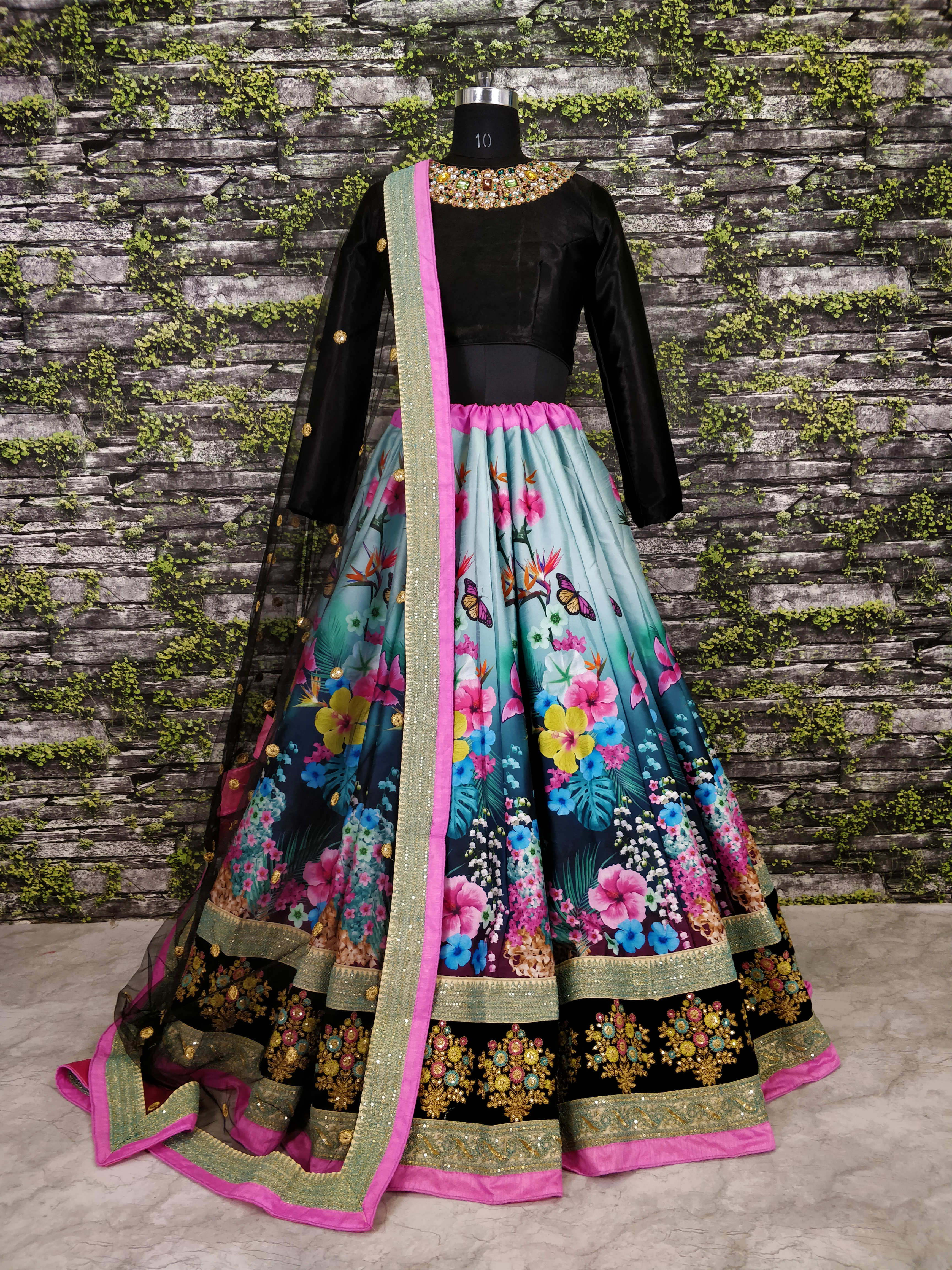 Elegance Unveiled: Black and Multi-color Digital Print Lehenga Choli with Dori and Sequin Embroidery