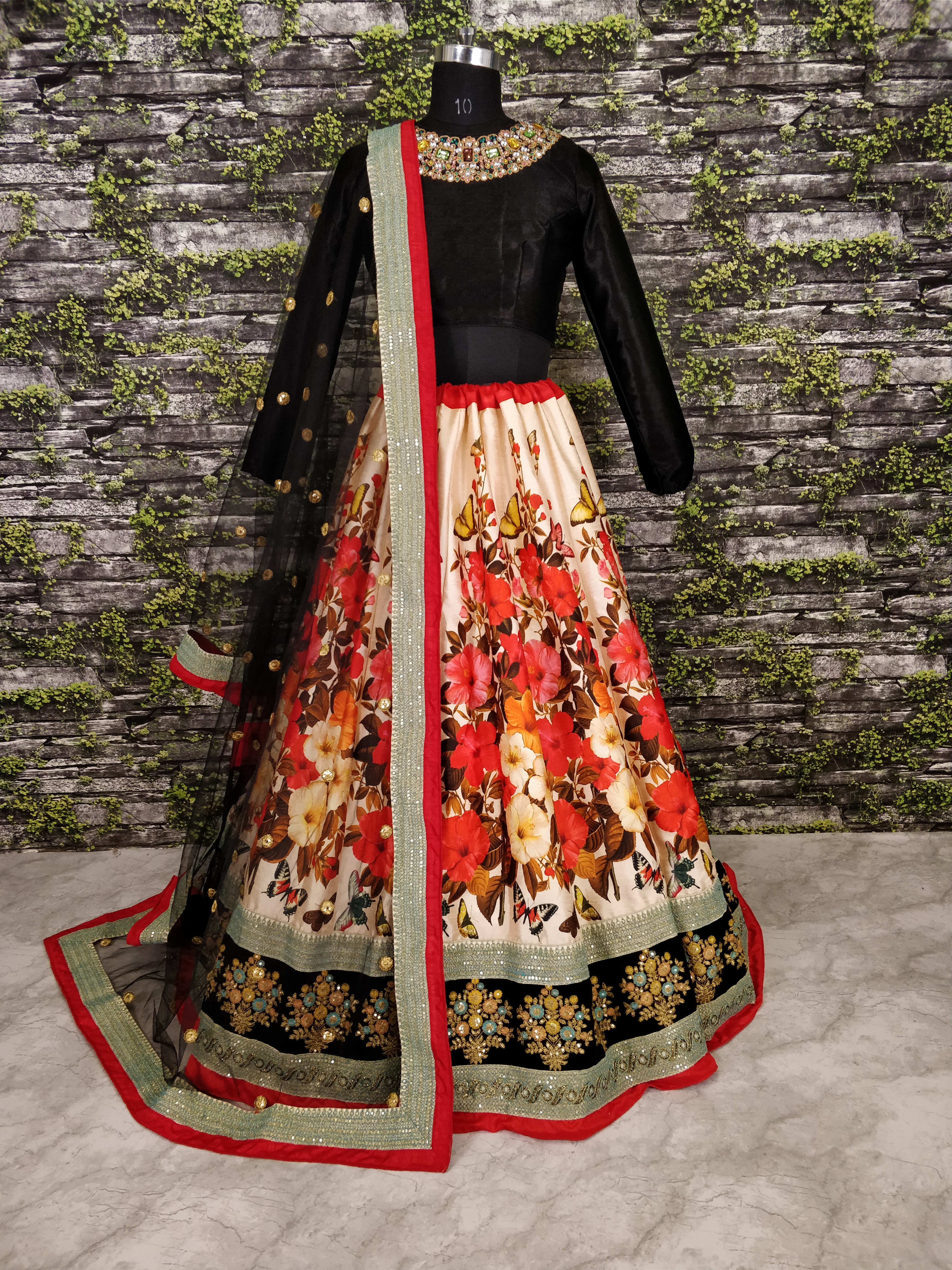 Elegance Personified: Black Digital Print Lehenga Choli with Dori and Sequin Embroidery