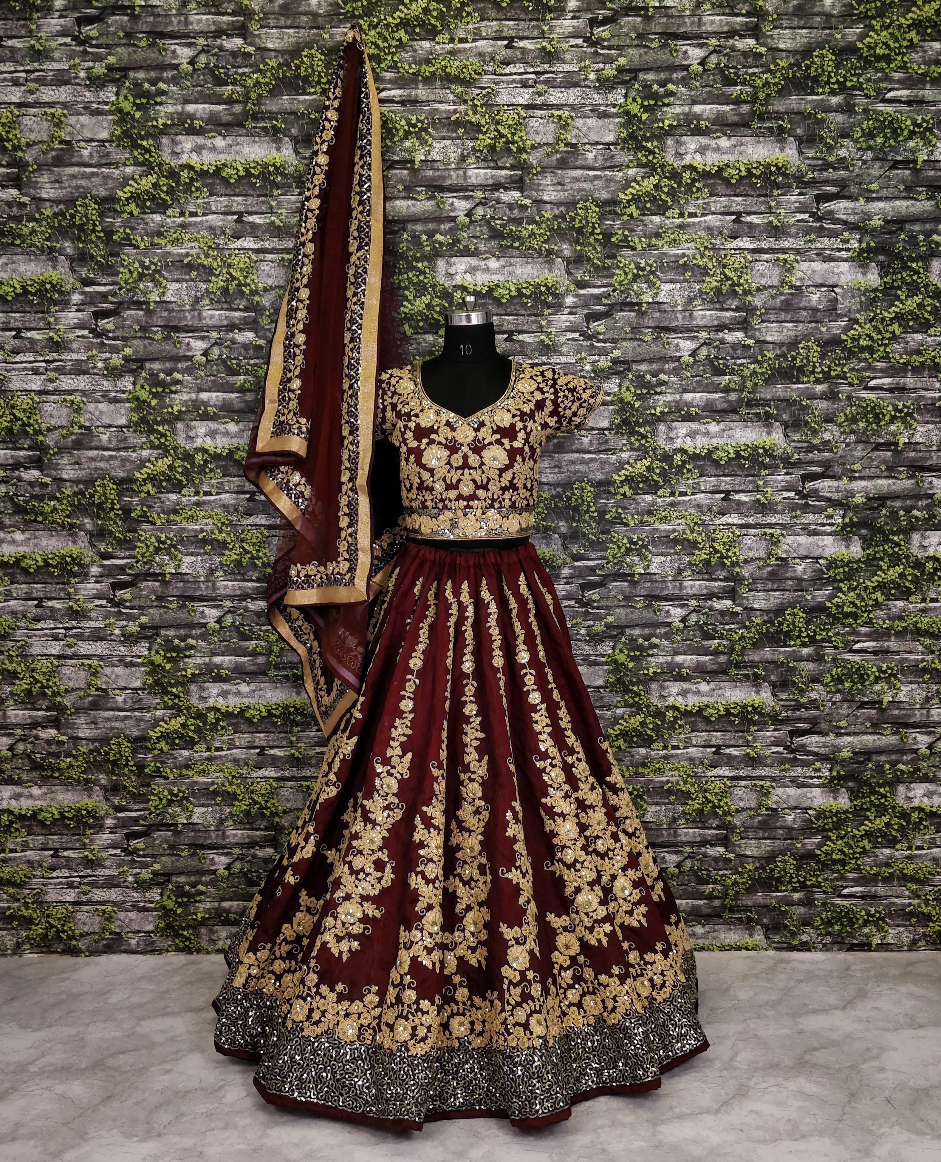 Enchanting Marron Raw Silk Lehenga Choli with Dori and Sequins Embellishments