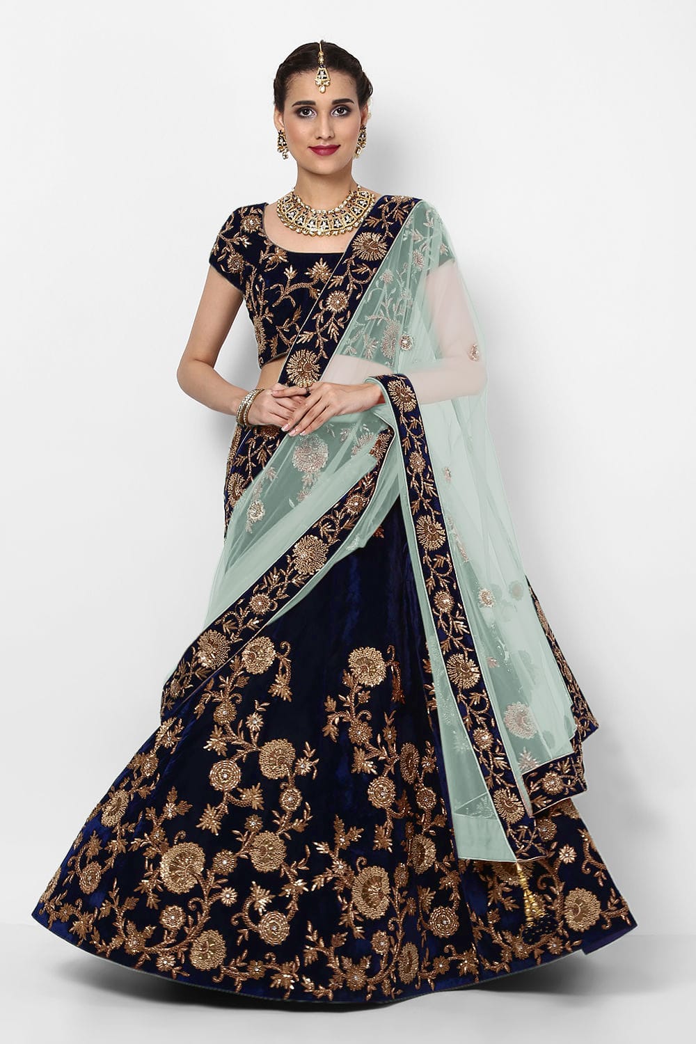 Ethereal Blue Silk Velvet Lehenga Choli with Dori, Badla & Sequins Embroidery