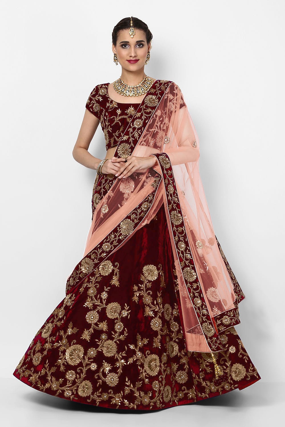 Elegant Maroon Silk Velvet Lehenga Choli with Dori, Badla & Sequins Embroidery