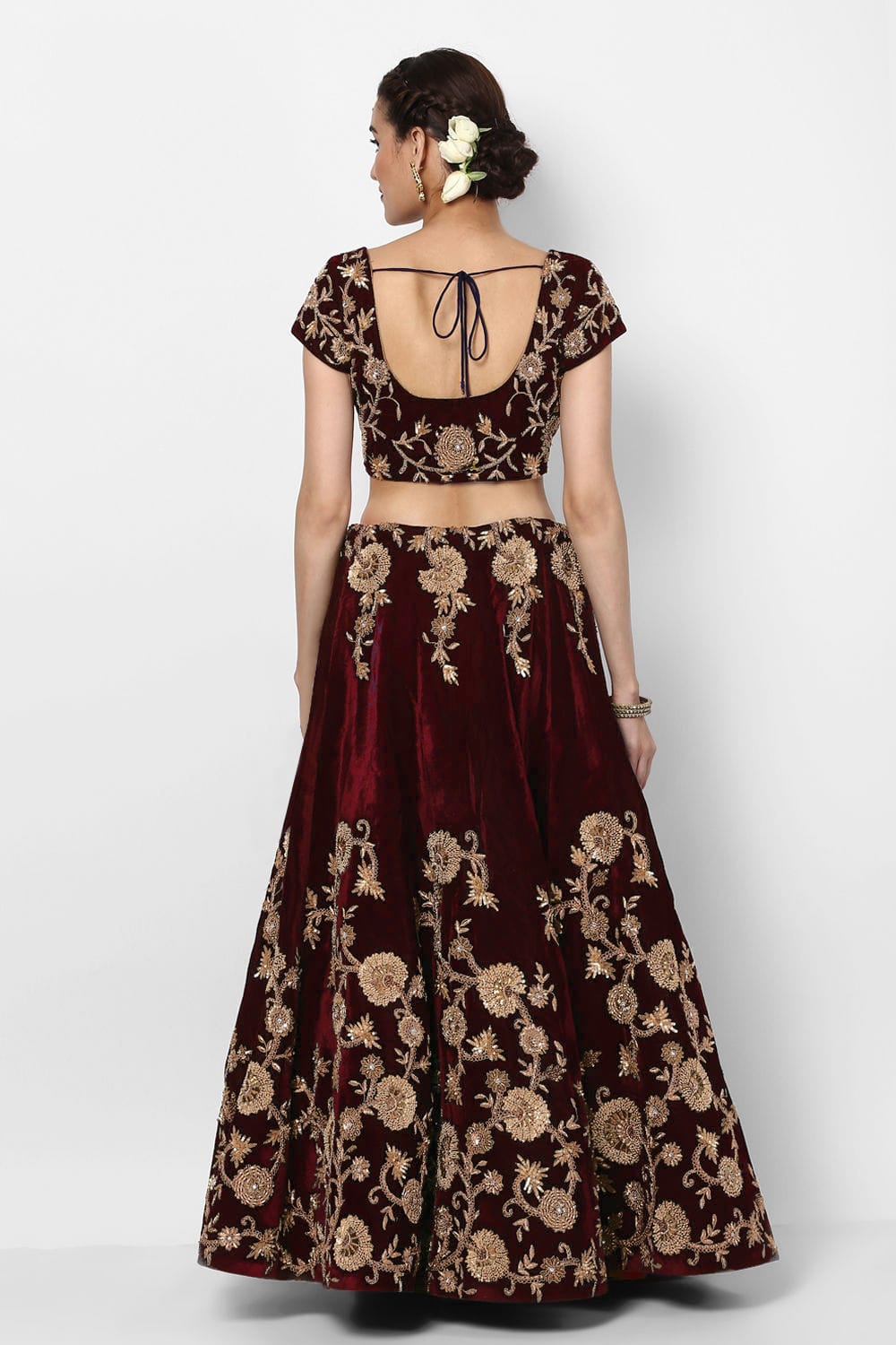 Elegant Maroon Silk Velvet Lehenga Choli with Dori, Badla & Sequins Embroidery