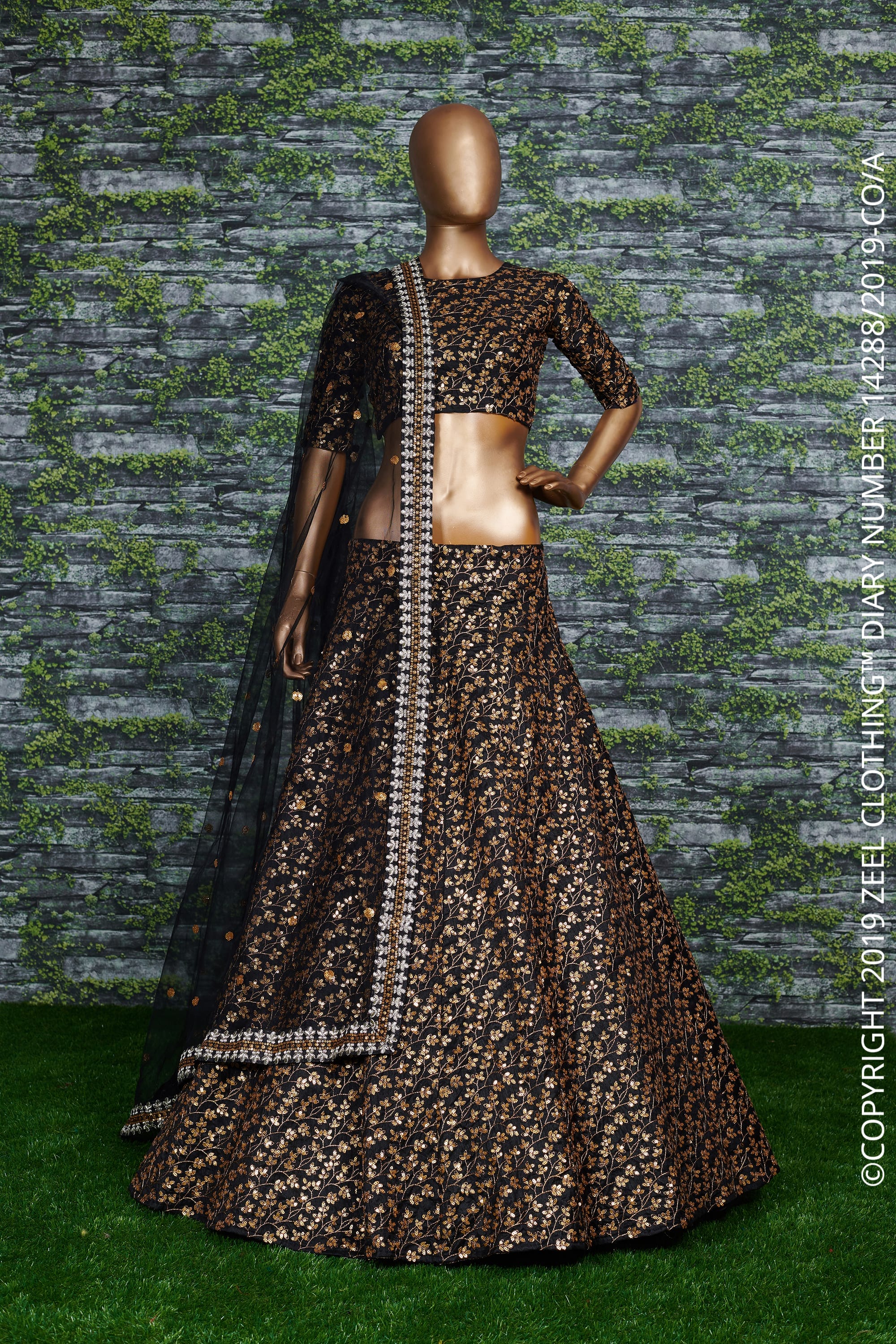 Elegant Black Sequins and Zari Embroidered Lehenga Choli in Raw Silk