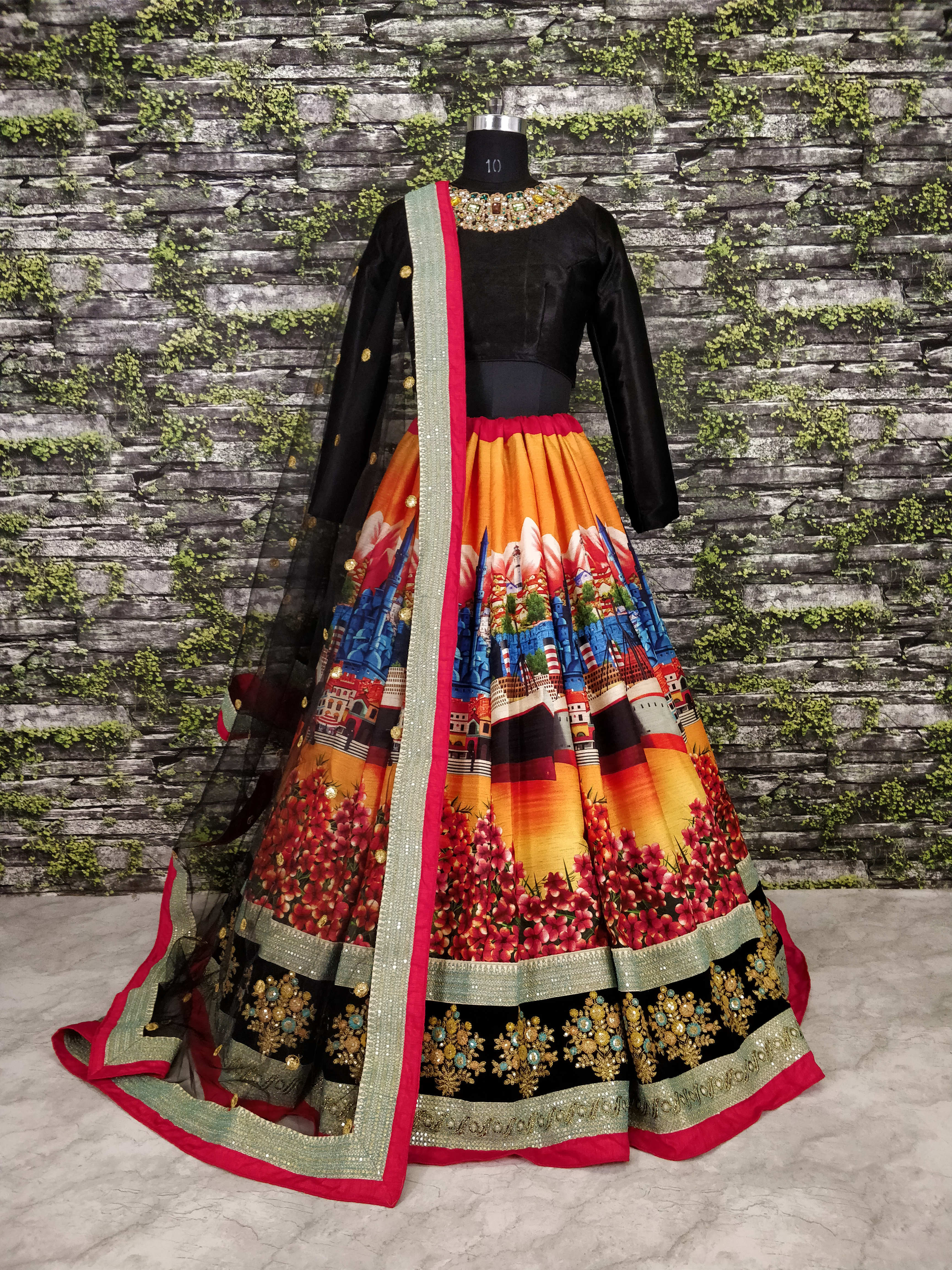 Elegant Black Digital Print Lehenga Choli with Dori and Sequin Embroidery