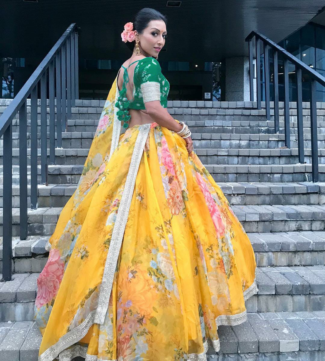 Ethereal Yellow-Green Floral Lehenga Choli in Khadi Organza Elegance