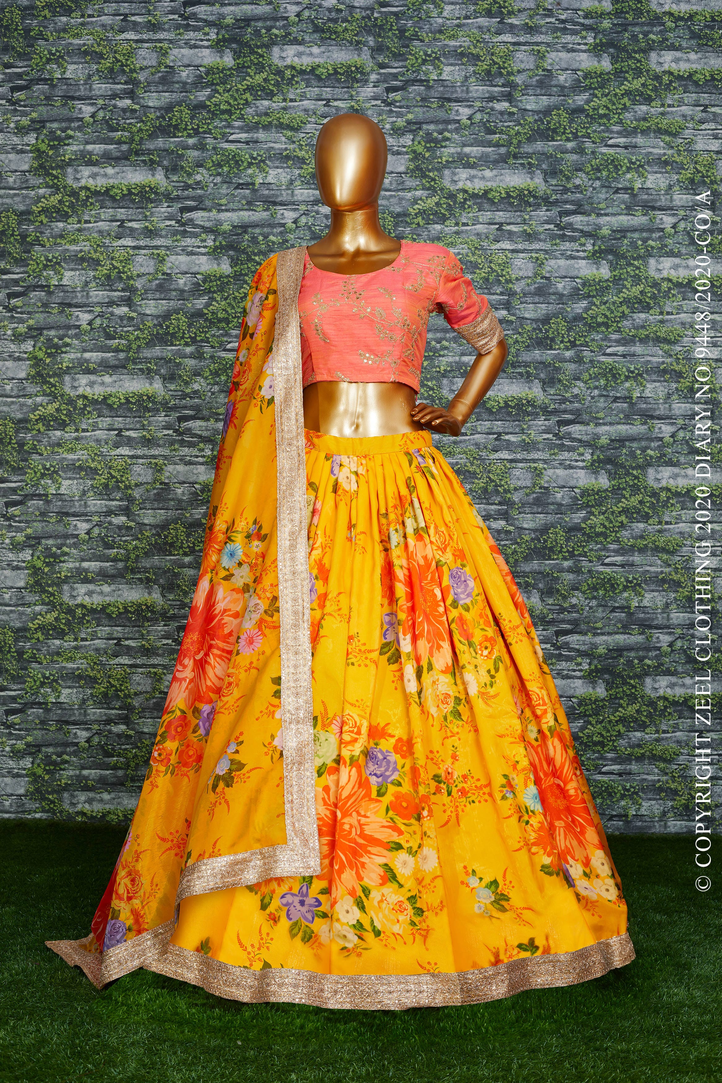 Sunset Blooms: Yellow-Orange Floral Lehenga Choli with Khadi Organza Elegance