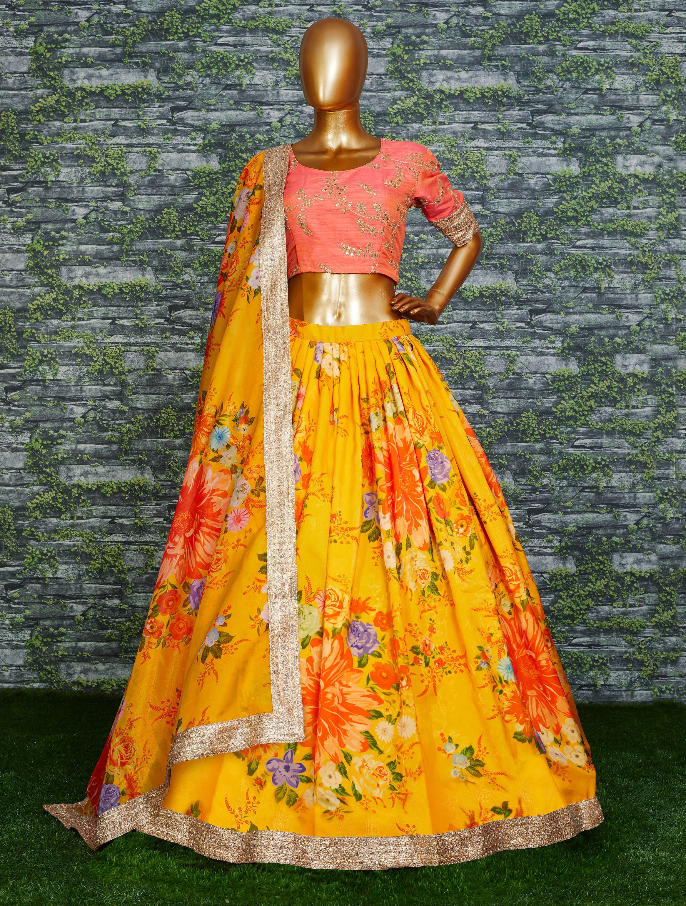 Sunset Blooms: Yellow-Orange Floral Lehenga Choli with Khadi Organza Elegance