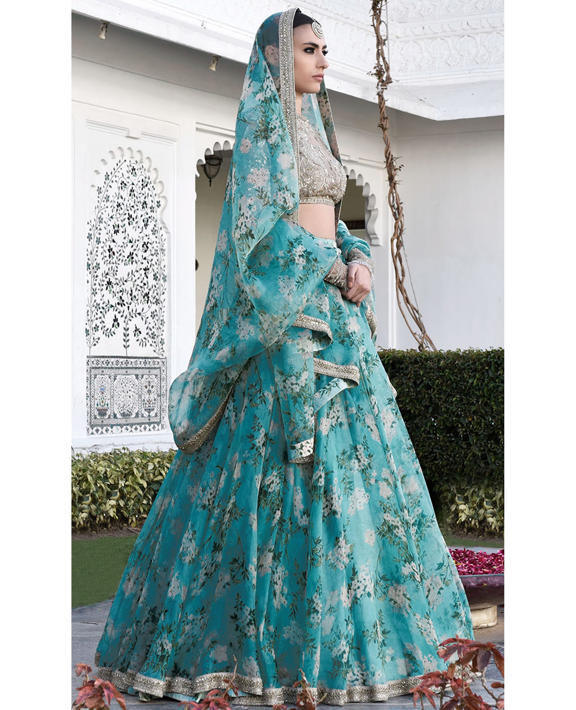 Ethereal Sky Floral Lehenga Choli with Organza Elegance