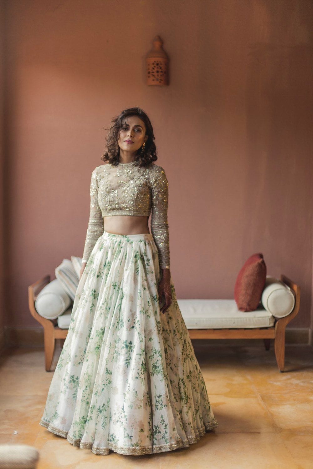 Ethereal Cream Lehenga Choli: Organza Elegance with Floral Digital Print