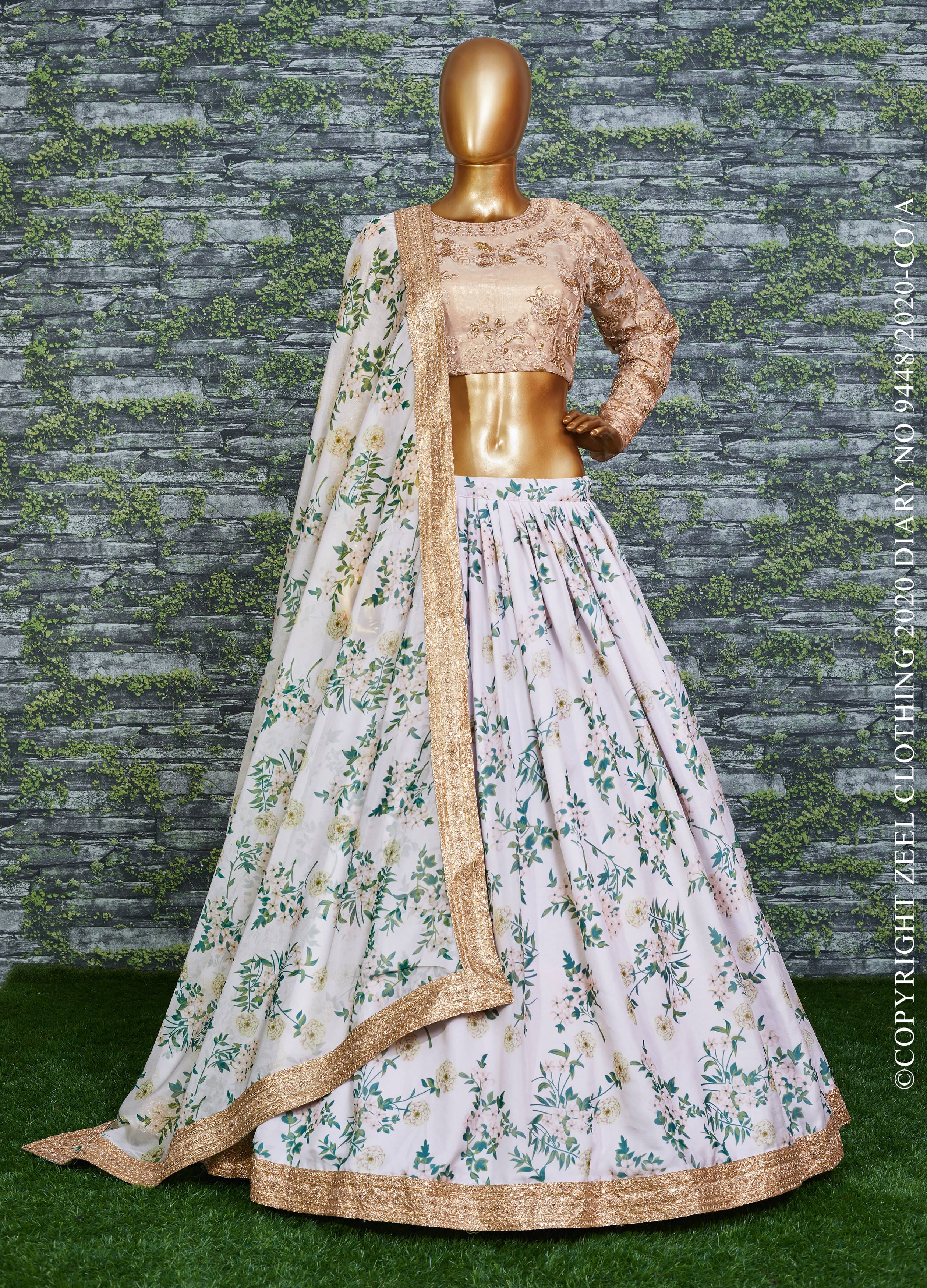 Ethereal Cream Lehenga Choli: Organza Elegance with Floral Digital Print