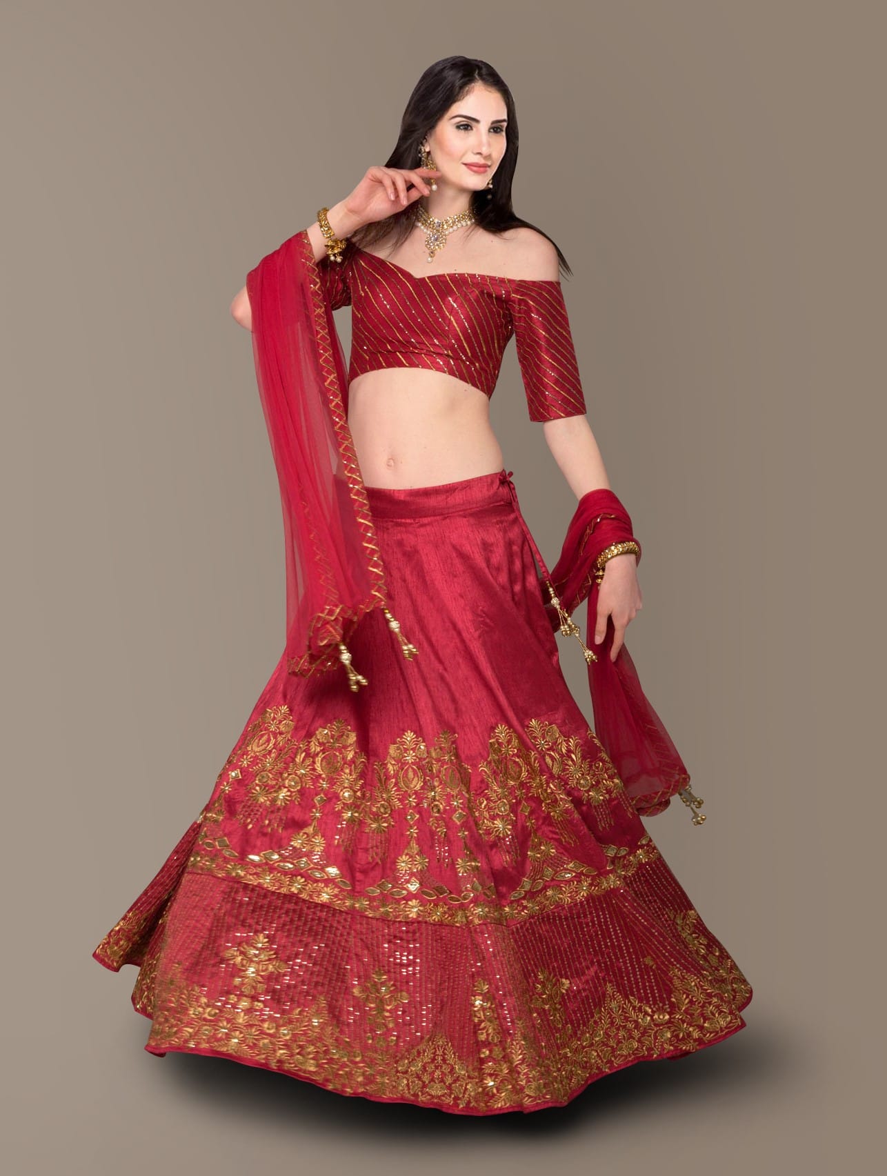 Radiant Red Lehenga Choli with Zari, Sequins, and Stone Embroidery