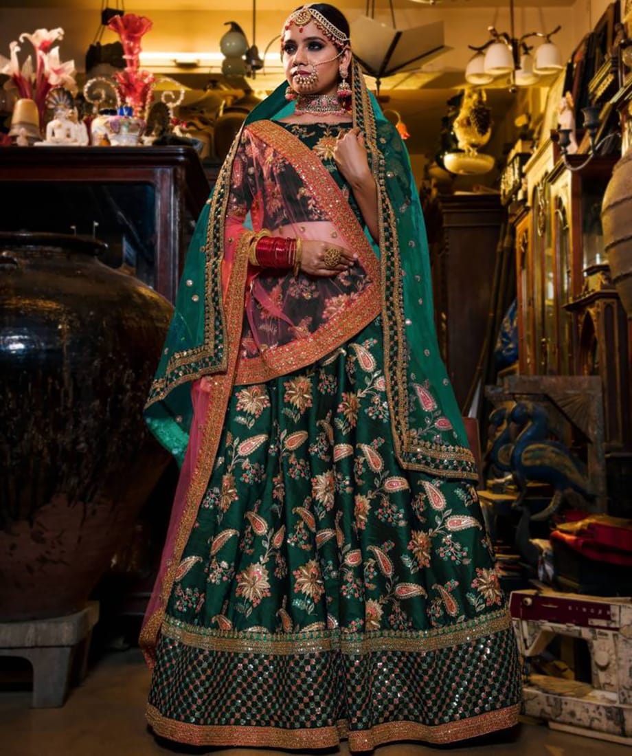 Enchanting Green Tafeta Silk Lehenga Choli with Dori, Sequins & Multicolor Embroidery