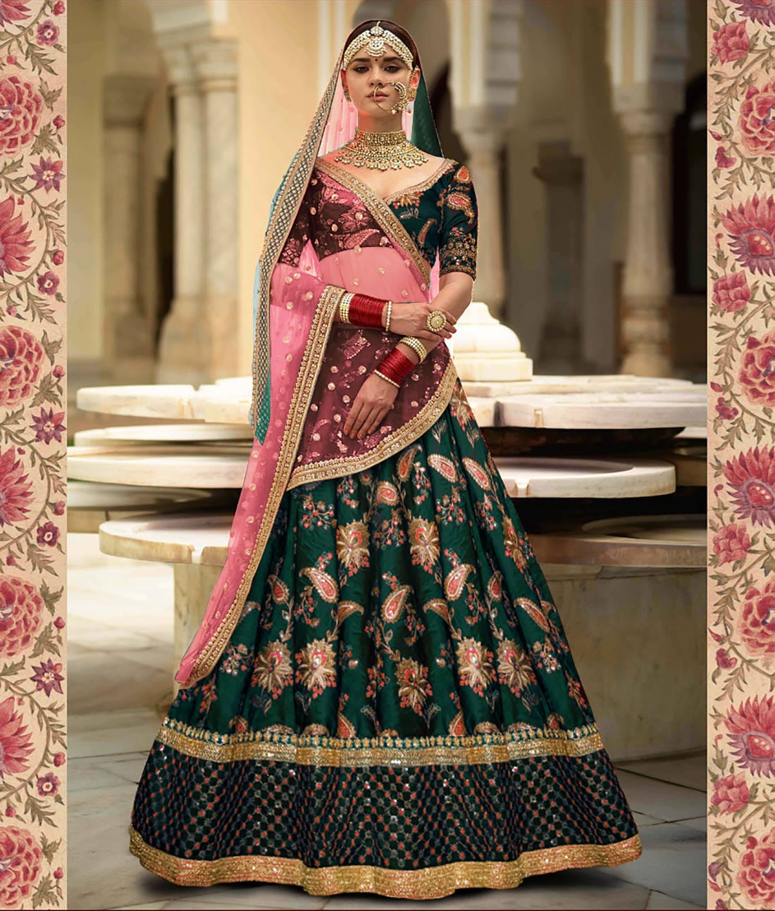 Enchanting Green Tafeta Silk Lehenga Choli with Dori, Sequins & Multicolor Embroidery