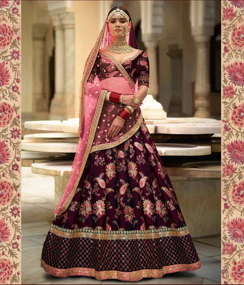 Wine Printed And Embroidered Heavy Silk Party Wear Lehenga | Latest Kurti  Designs