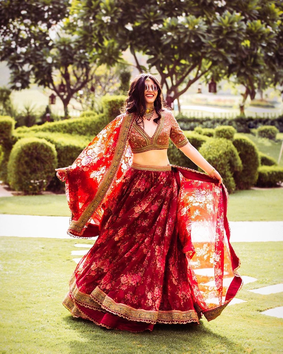 Elegant Maroon Floral Digital Print Lehenga Choli in Khadi Organza