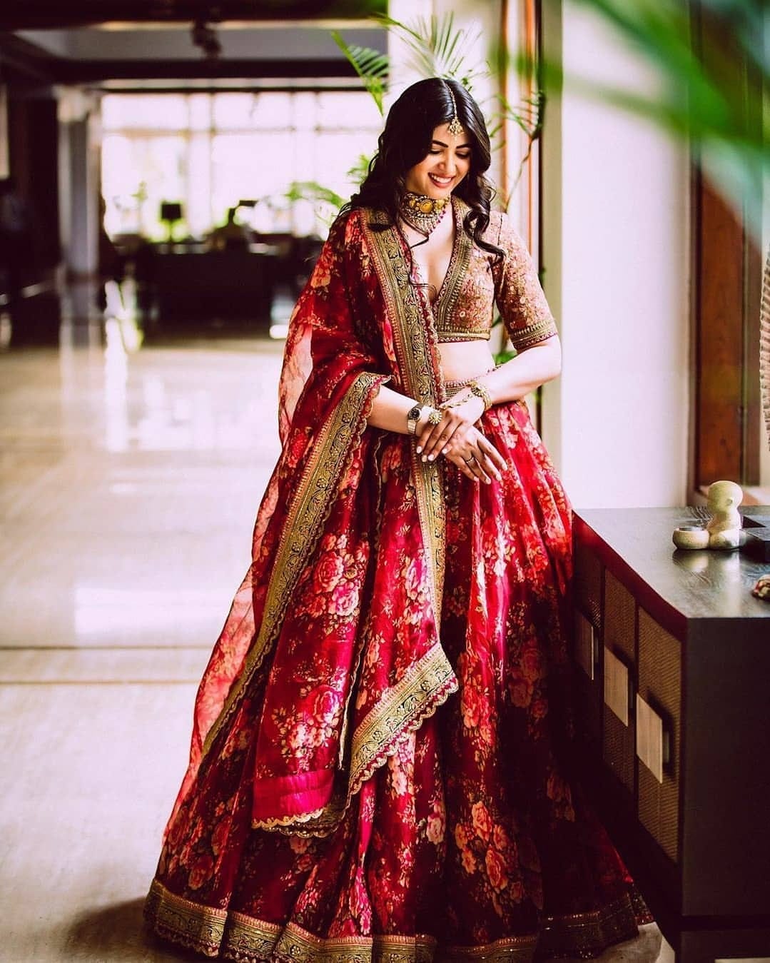 Elegant Maroon Floral Digital Print Lehenga Choli in Khadi Organza