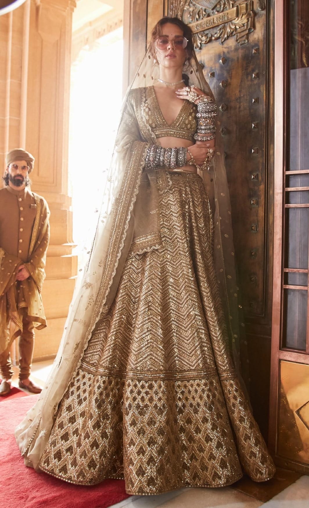 Elegant Gold Lehenga Choli adorned with Sequins, Zari & Dori Embroidery on Slub Silk