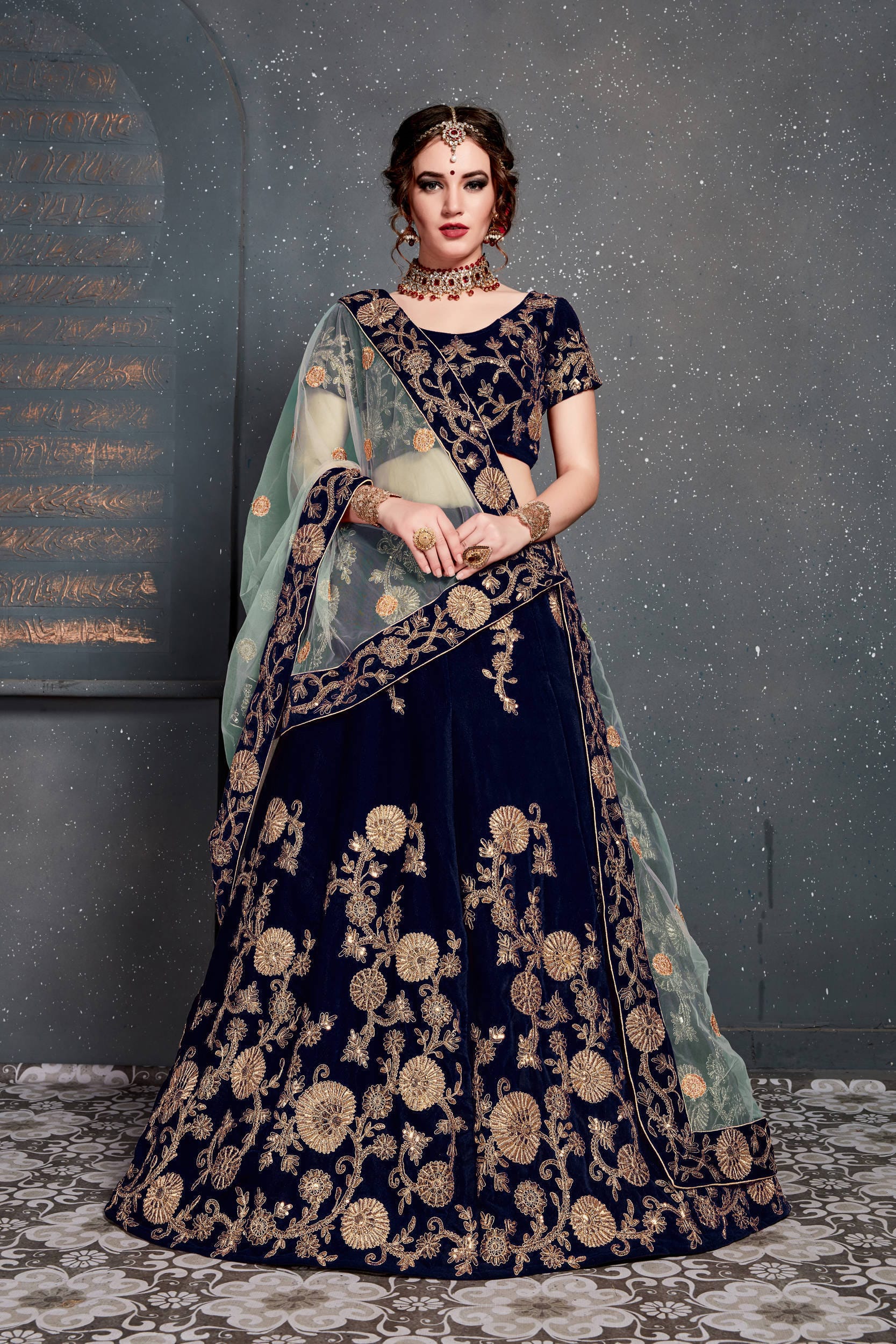 Navy Blue Velvet Lehenga Choli with Dori, Zari, and Sequins Embroidery