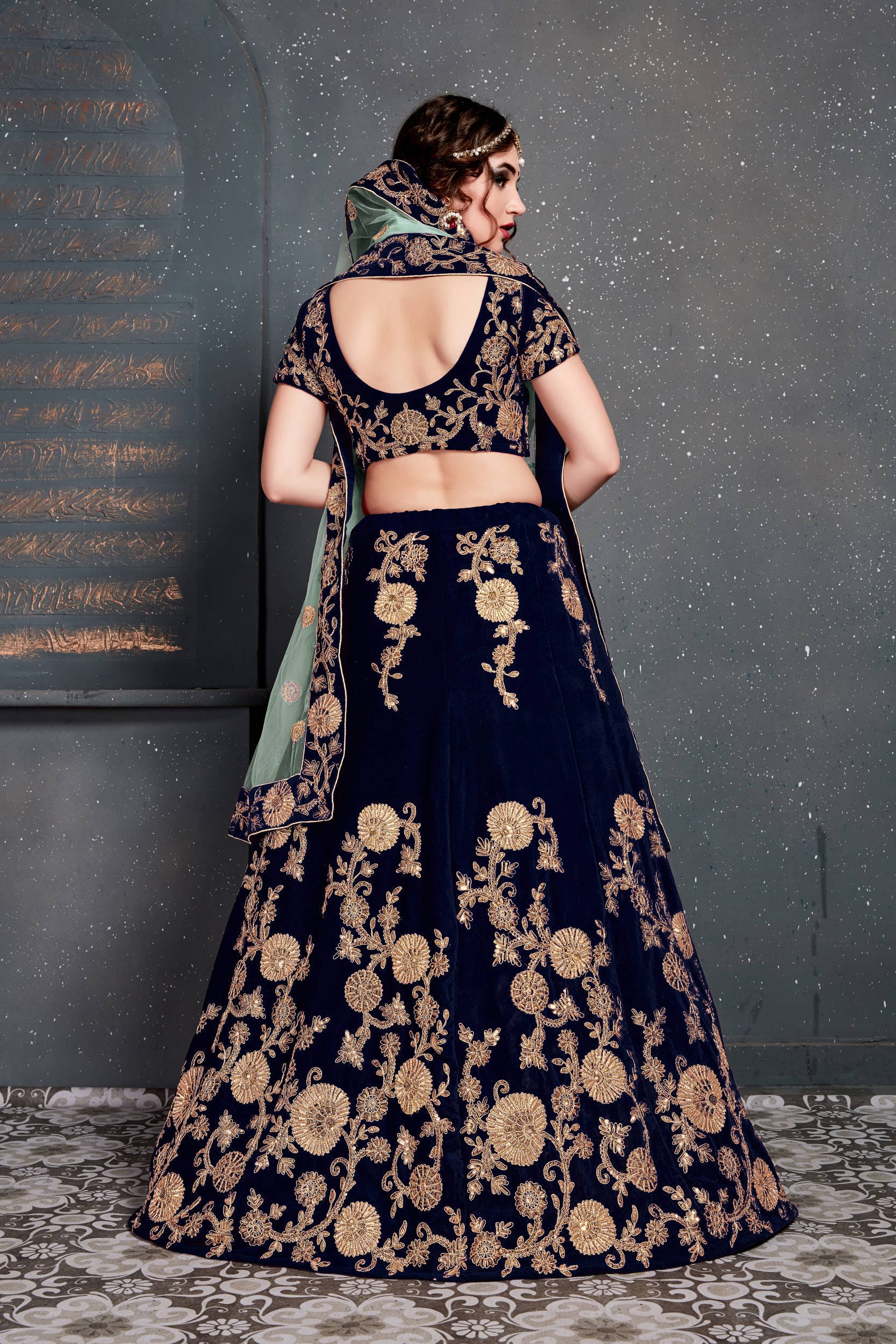 Navy Blue Velvet Lehenga Choli with Dori, Zari, and Sequins Embroidery