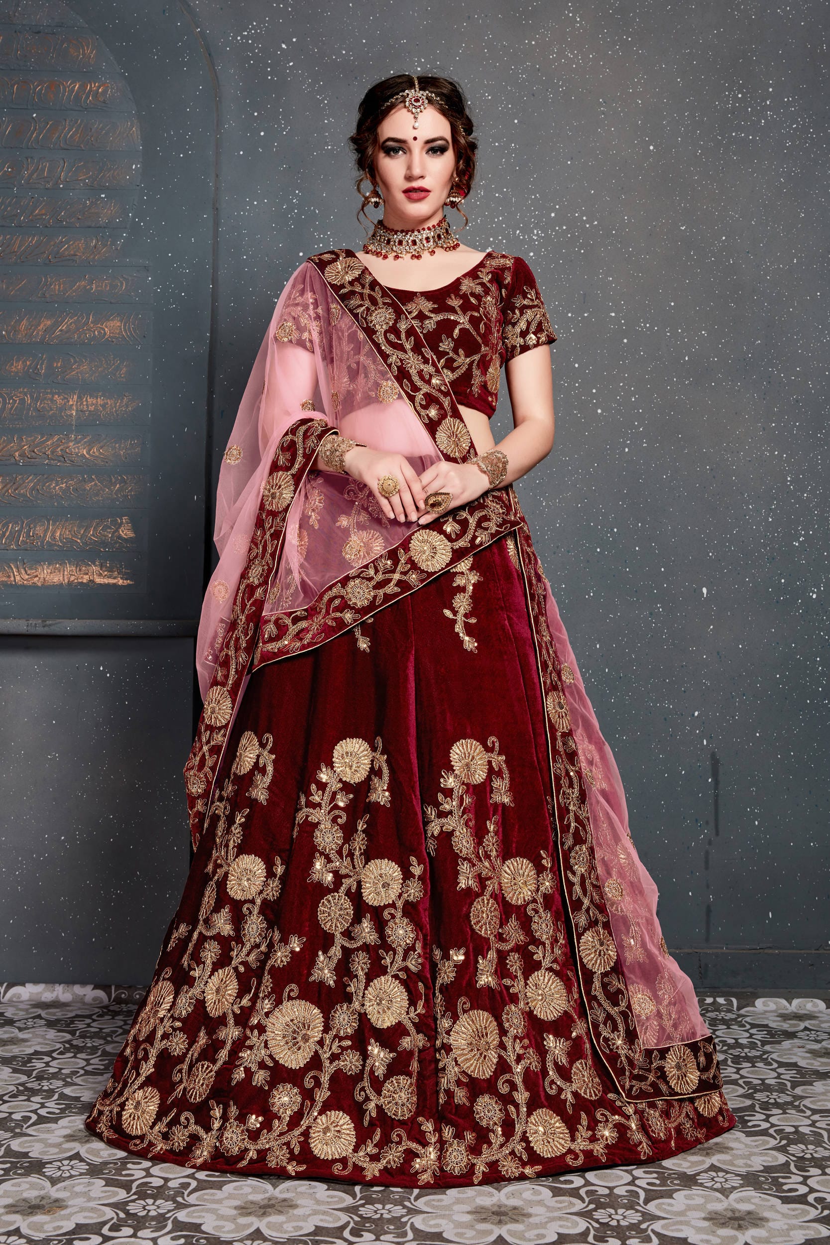 Maroon Velvet Lehenga Choli: Dori, Zari & Sequins Embroidery Work for Party & Wedding Wear