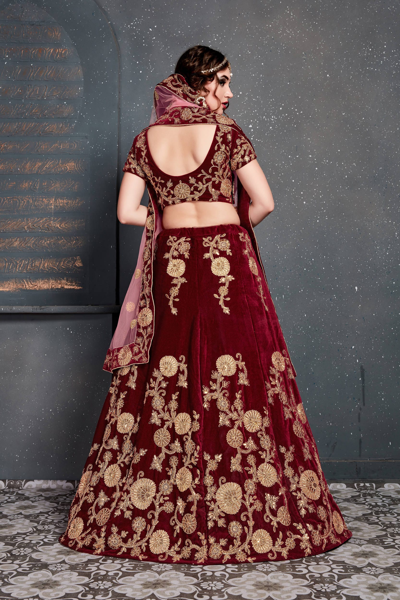 Maroon Velvet Lehenga Choli: Dori, Zari & Sequins Embroidery Work for Party & Wedding Wear