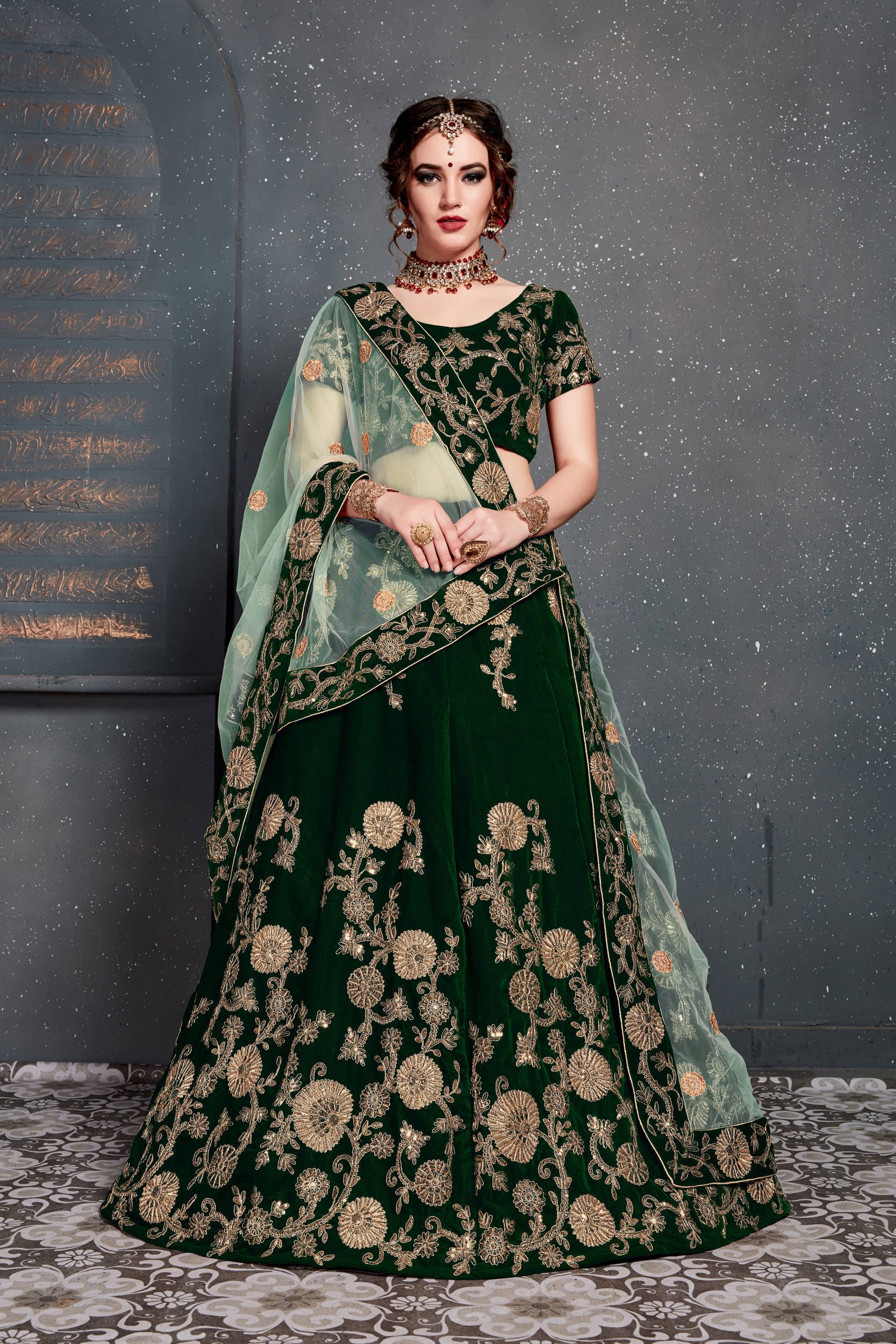 Dark Green Velvet Lehenga Choli: Dori, Zari & Sequins Embroidery for Party & Wedding Wear