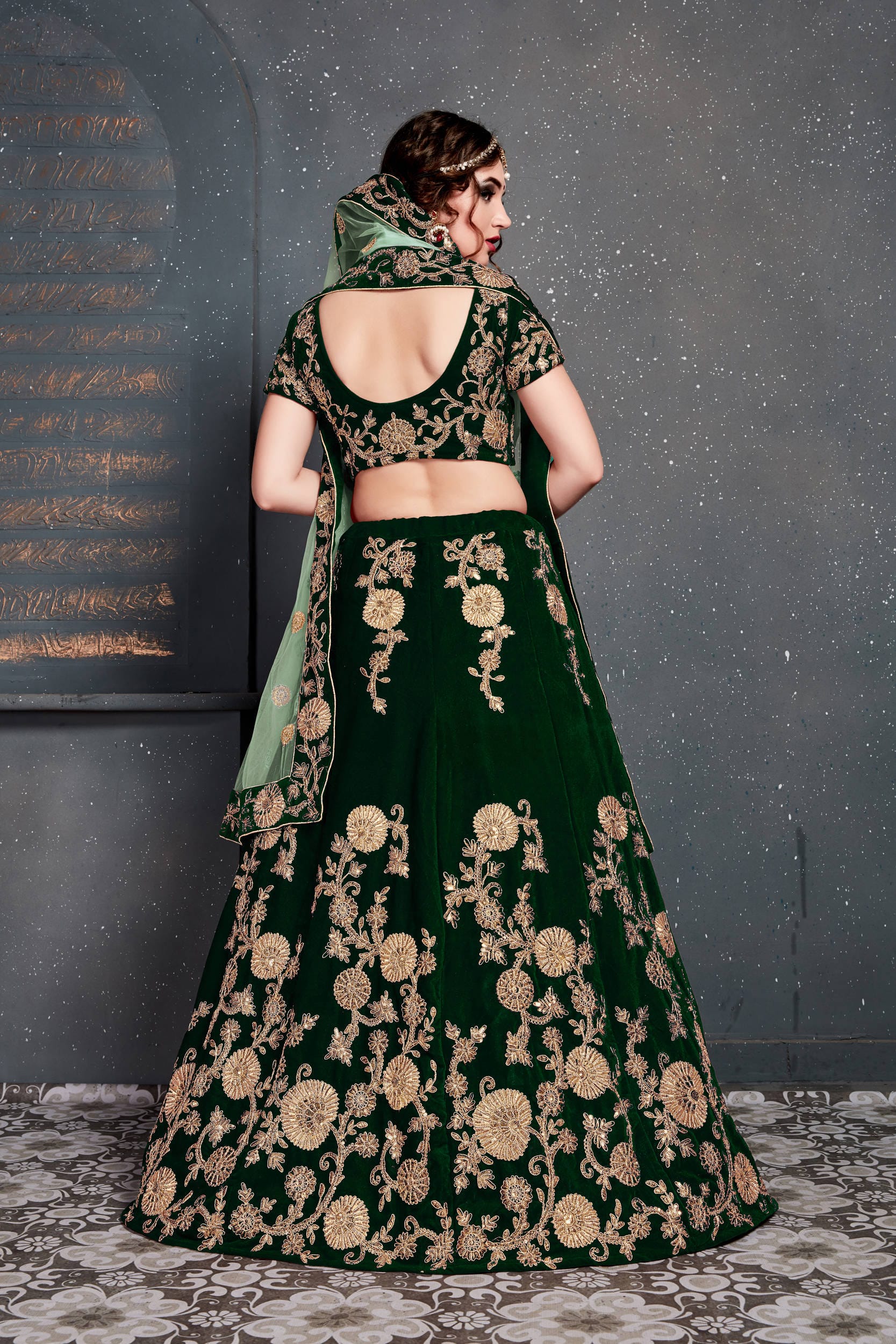 Dark Green Velvet Lehenga Choli: Dori, Zari & Sequins Embroidery for Party & Wedding Wear