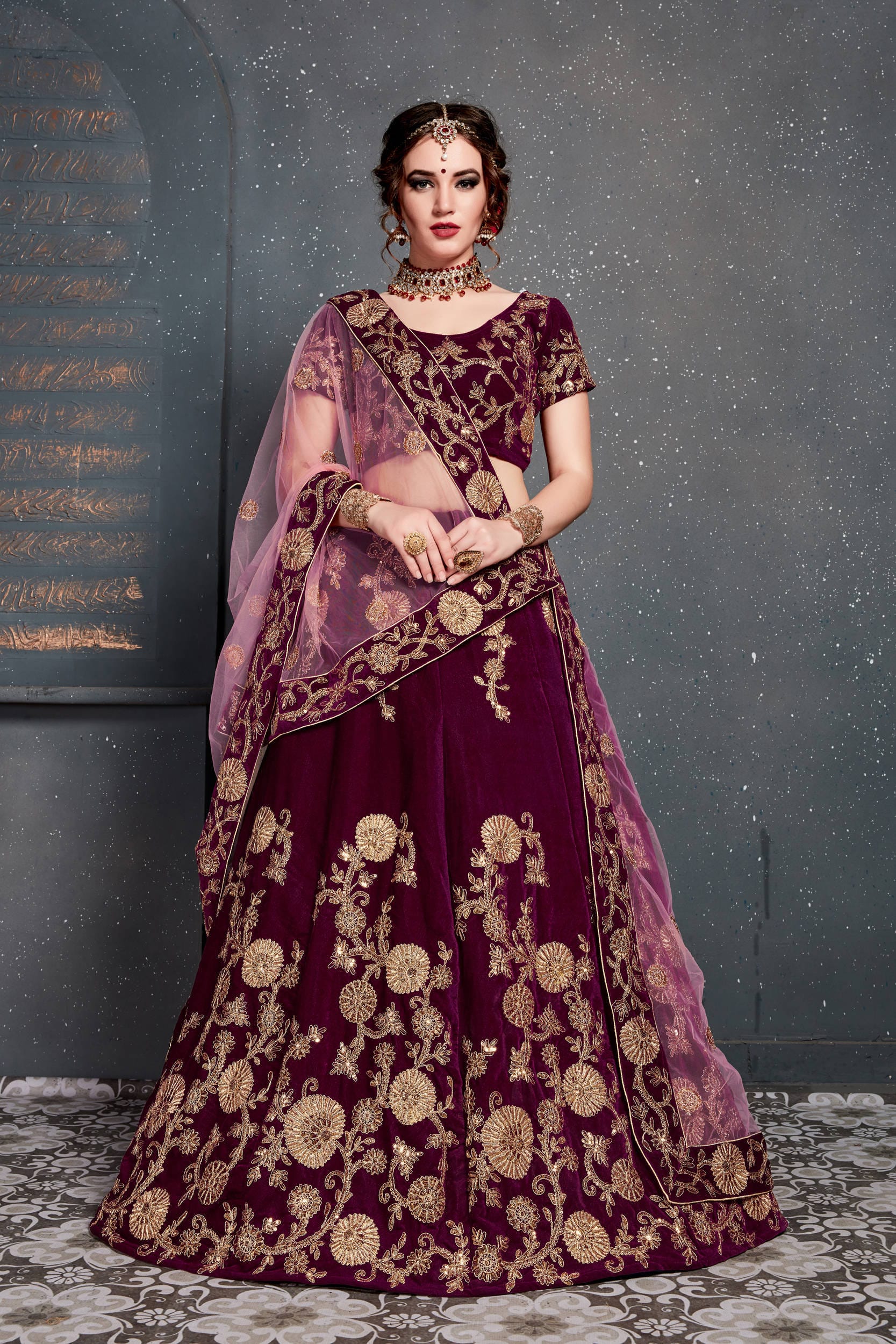 Elegant Purple Velvet Lehenga Choli: Dori, Zari, and Sequins Embroidery for Party & Wedding Wear