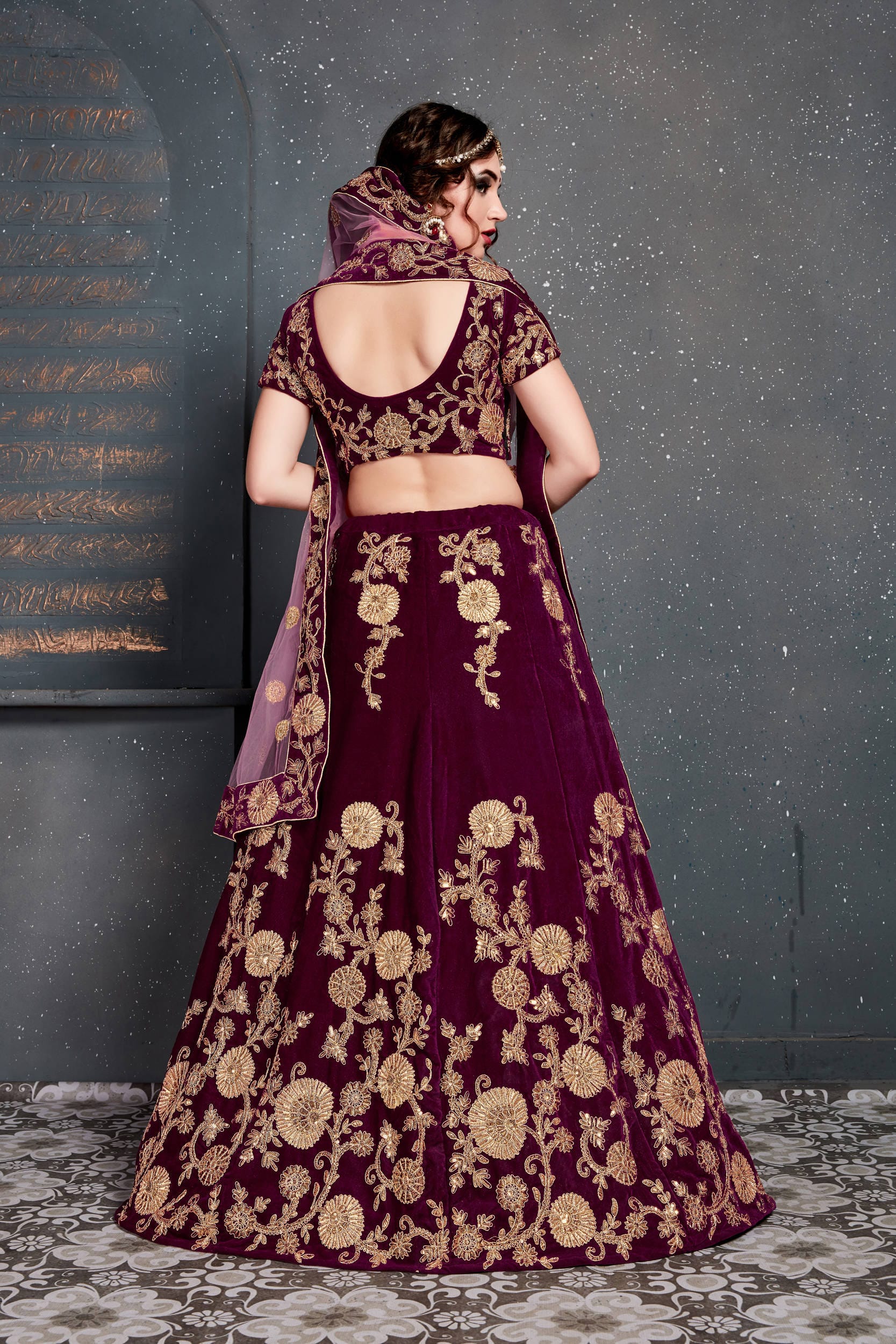 Elegant Purple Velvet Lehenga Choli: Dori, Zari, and Sequins Embroidery for Party & Wedding Wear