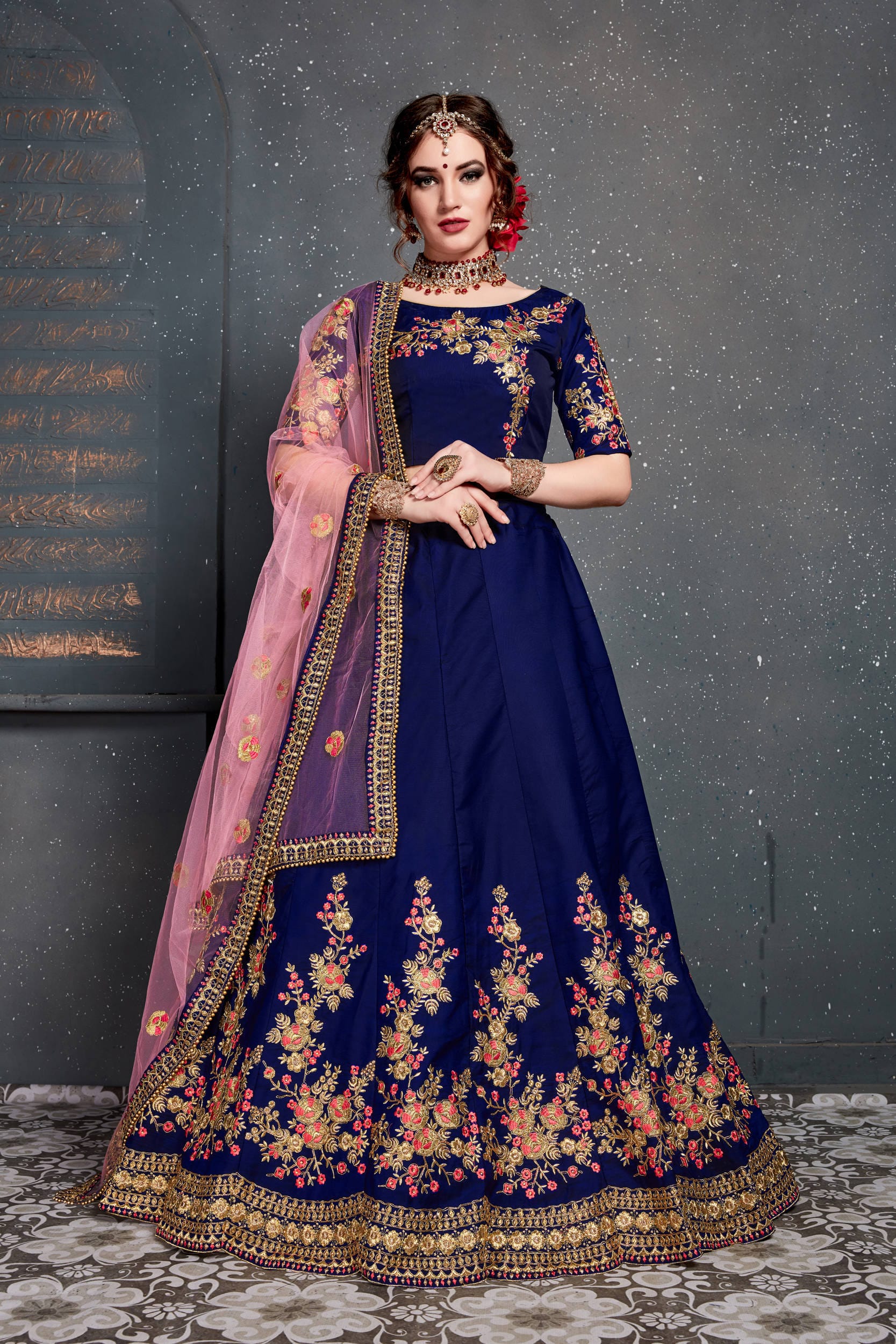 Dark Blue Tafeta Satin Silk Lehenga Choli with Thread, Dori, Zari Embroidery, and Diamond Work