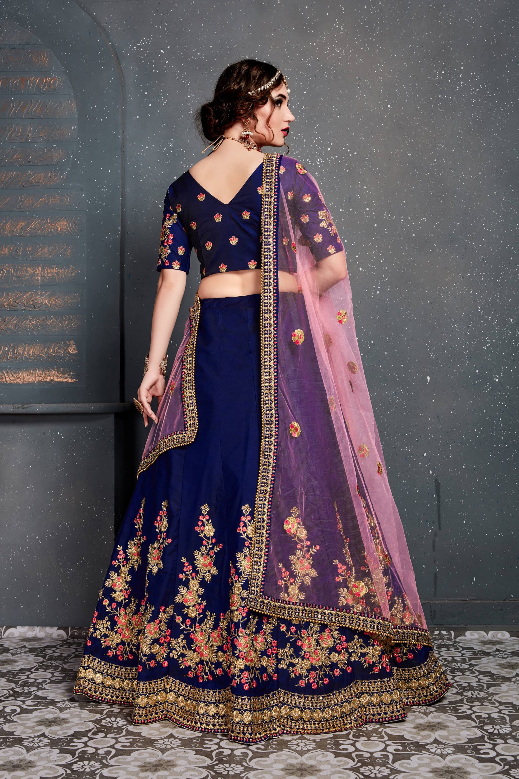 Dark Blue Tafeta Satin Silk Lehenga Choli with Thread, Dori, Zari Embroidery, and Diamond Work