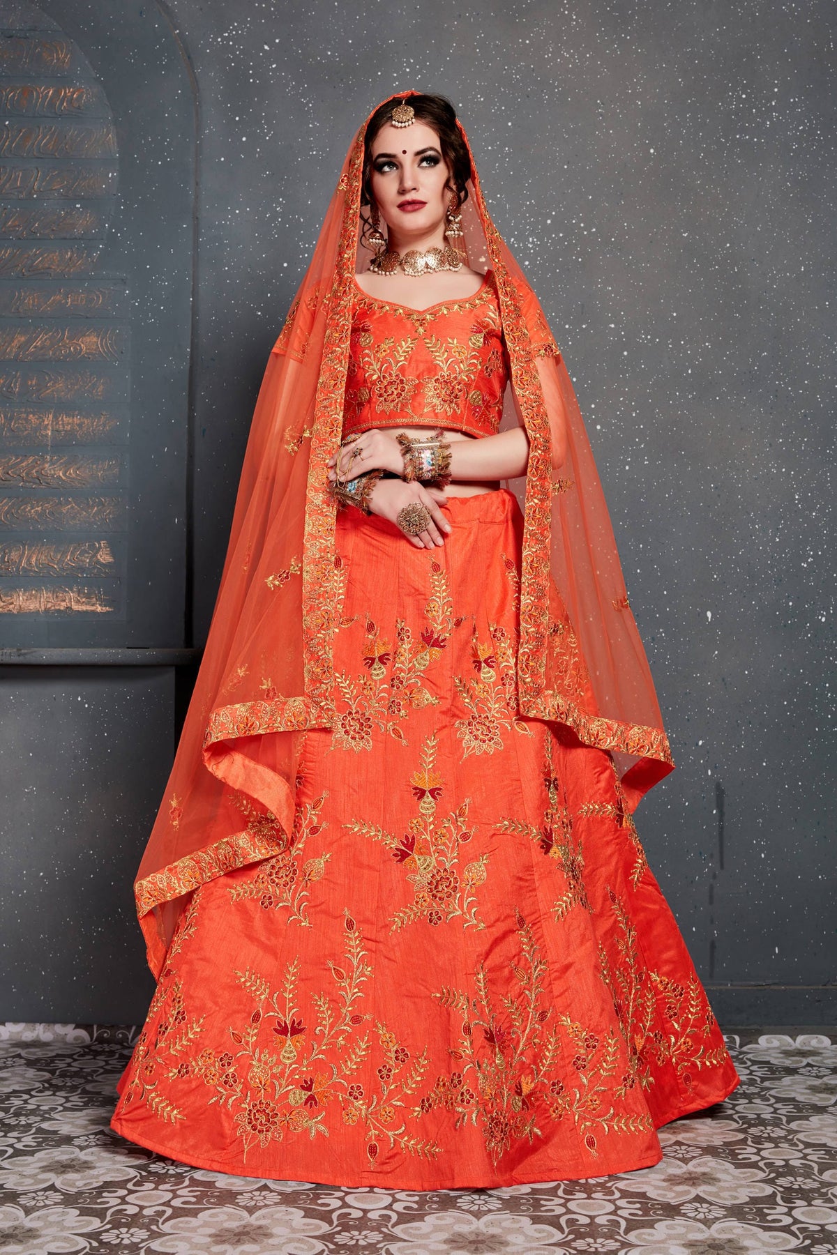 Lehenga Choli : Orange paithani jacquard weaving work wedding ...