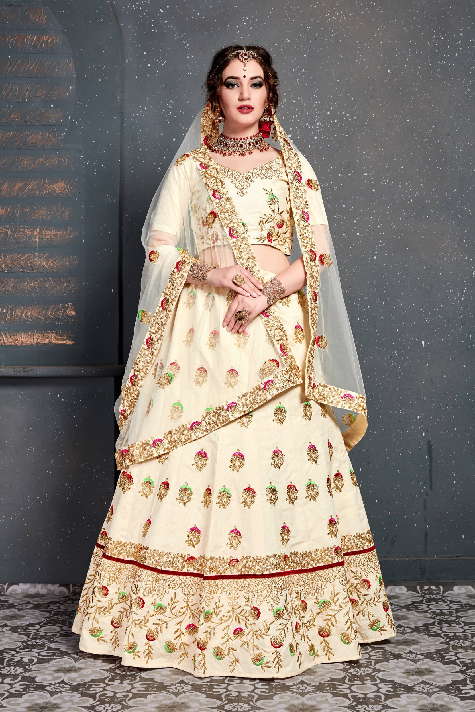 Cream Slub Silk Lehenga Choli: Dori, Zari, Sequins, and Diamond Embroidery