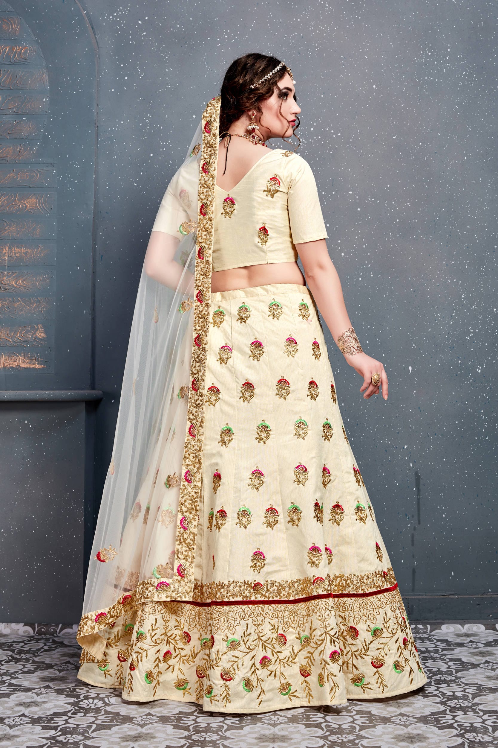 Cream Slub Silk Lehenga Choli: Dori, Zari, Sequins, and Diamond Embroidery