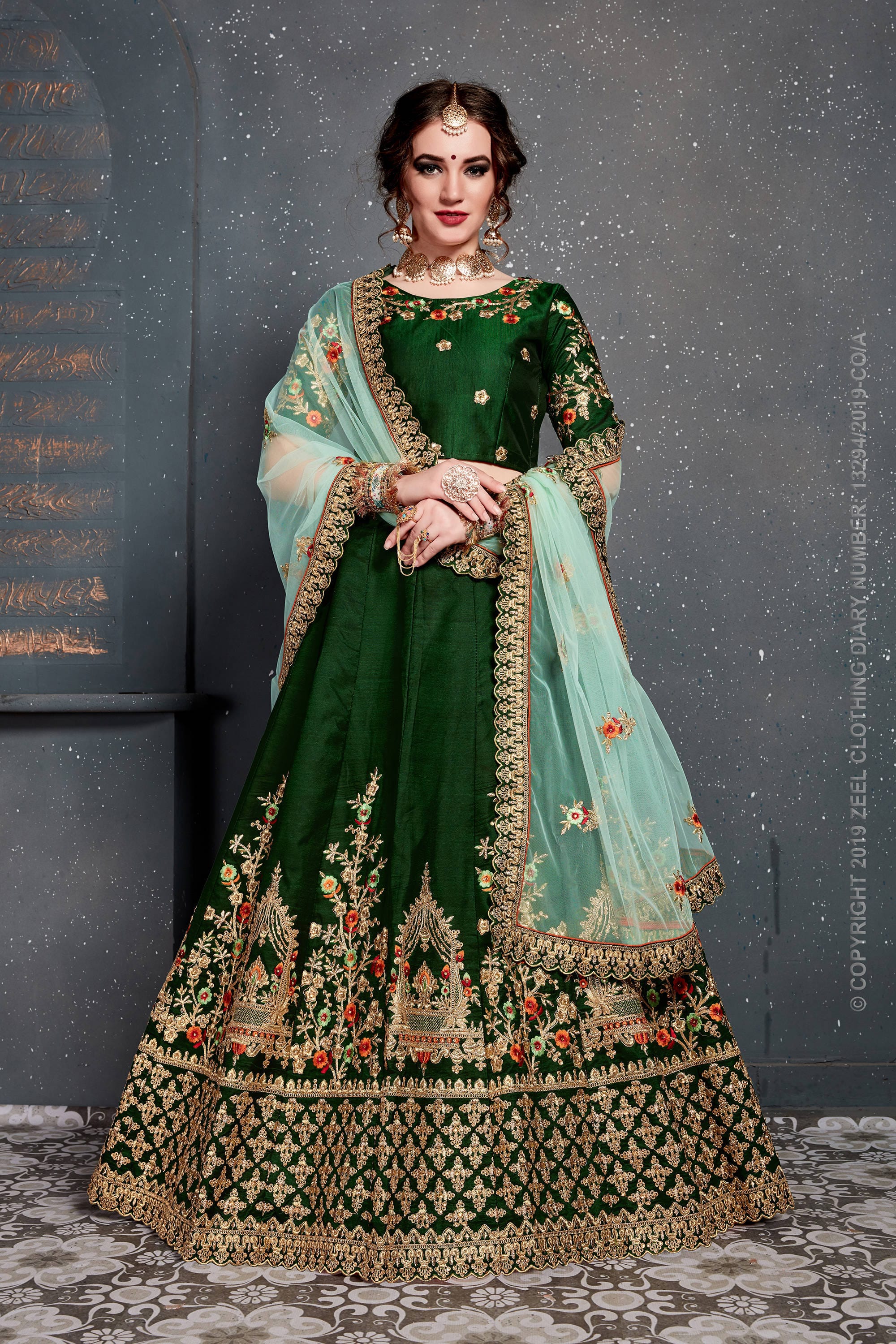 Enchanting Green Taffeta Lehenga Choli with Dazzling Embroidery and Diamond Accent