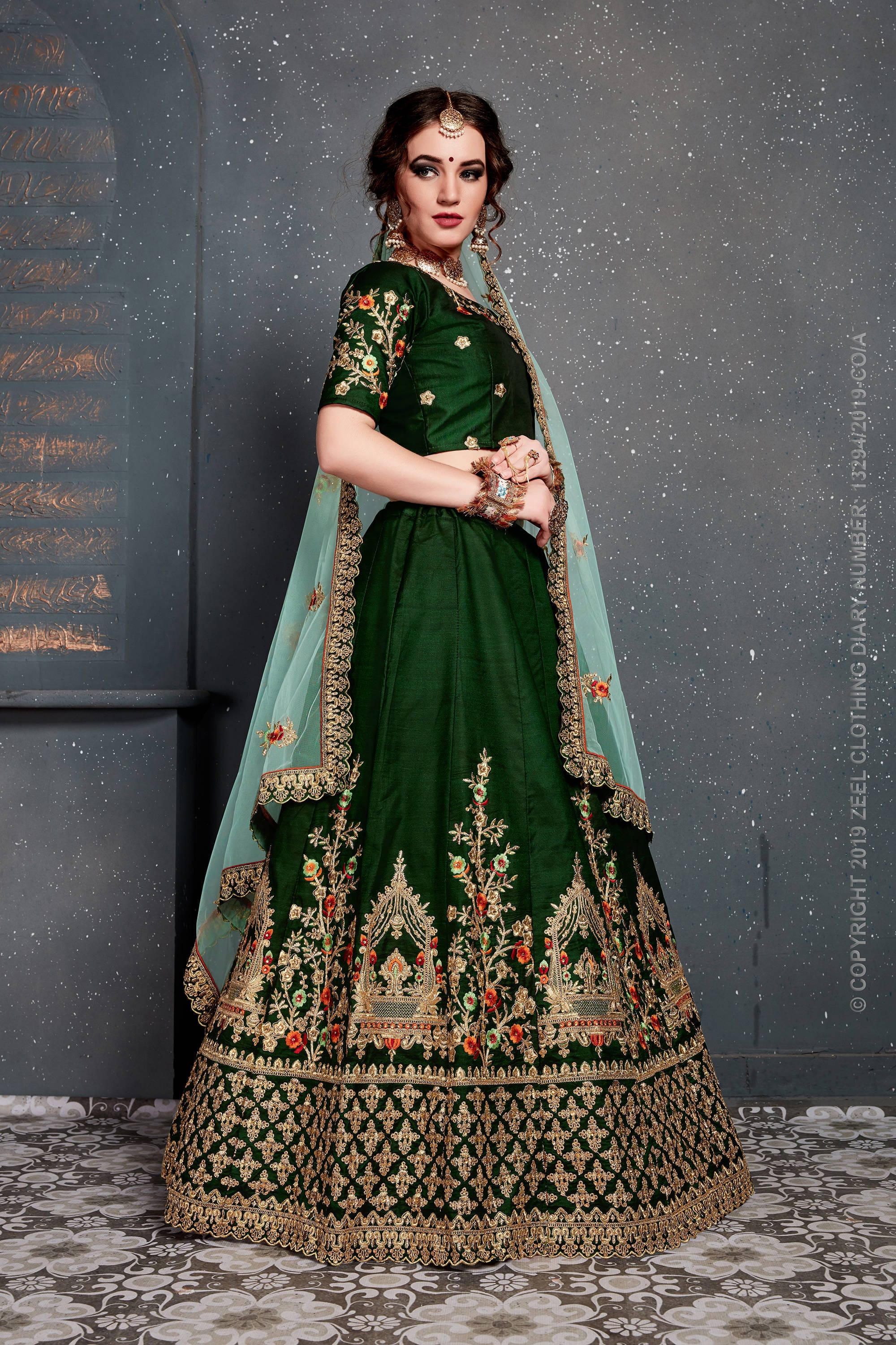 Enchanting Green Taffeta Lehenga Choli with Dazzling Embroidery and Diamond Accent